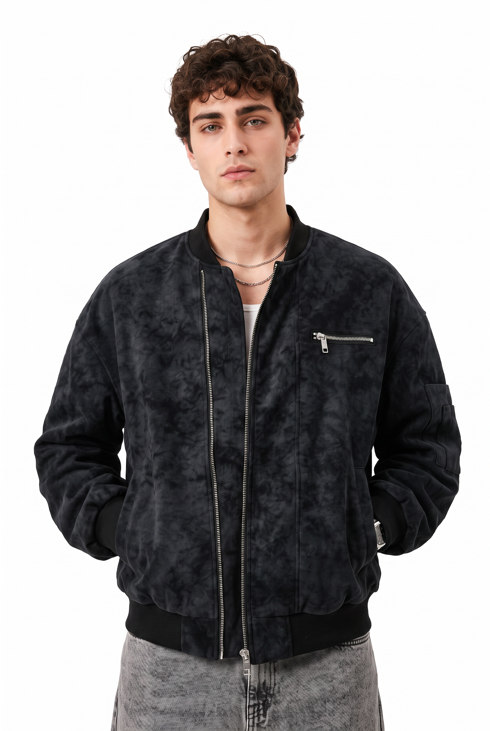 Black Zip-Up Mandarin Collar Jacket