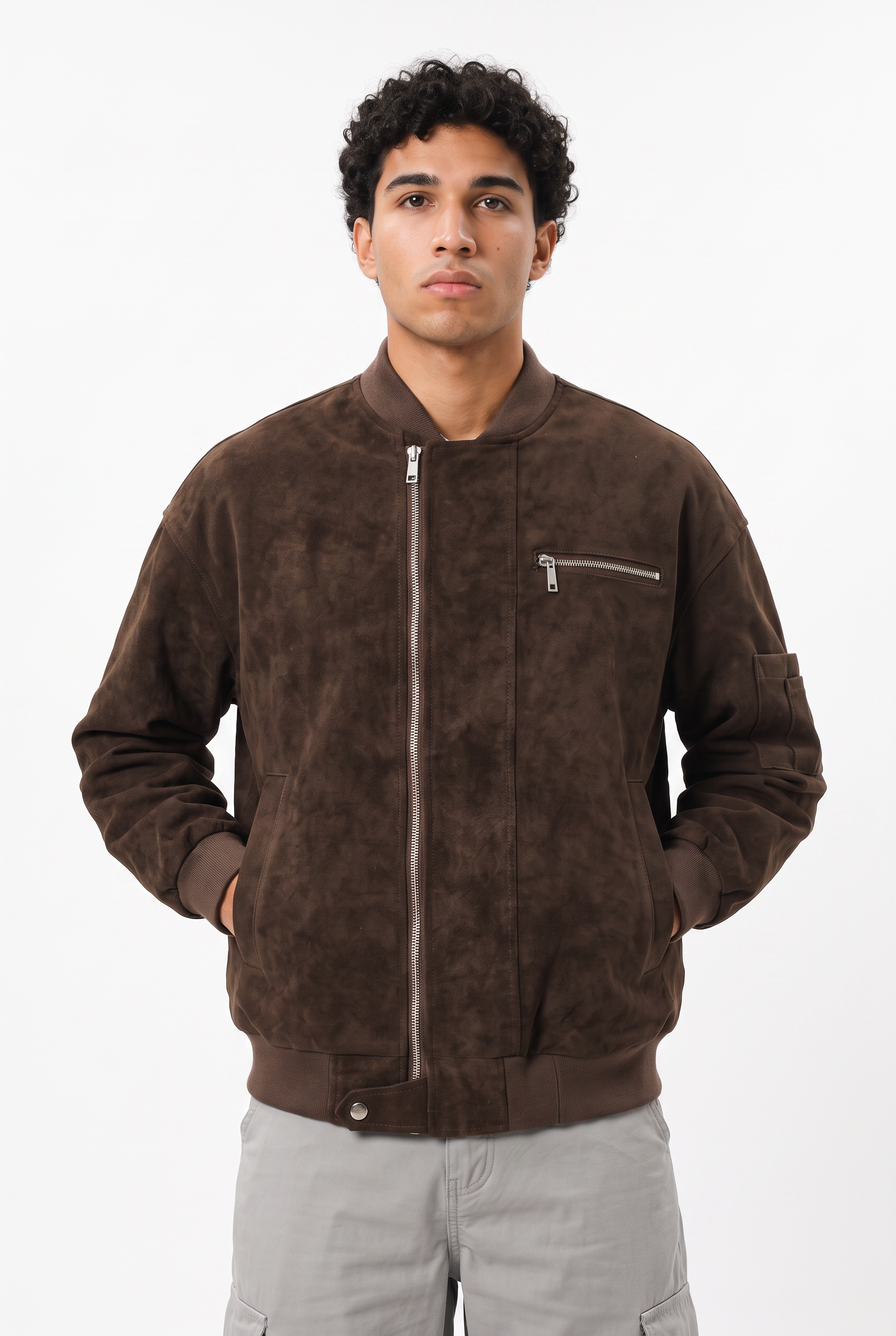 Brown Zip Mandarin Collar Jacket