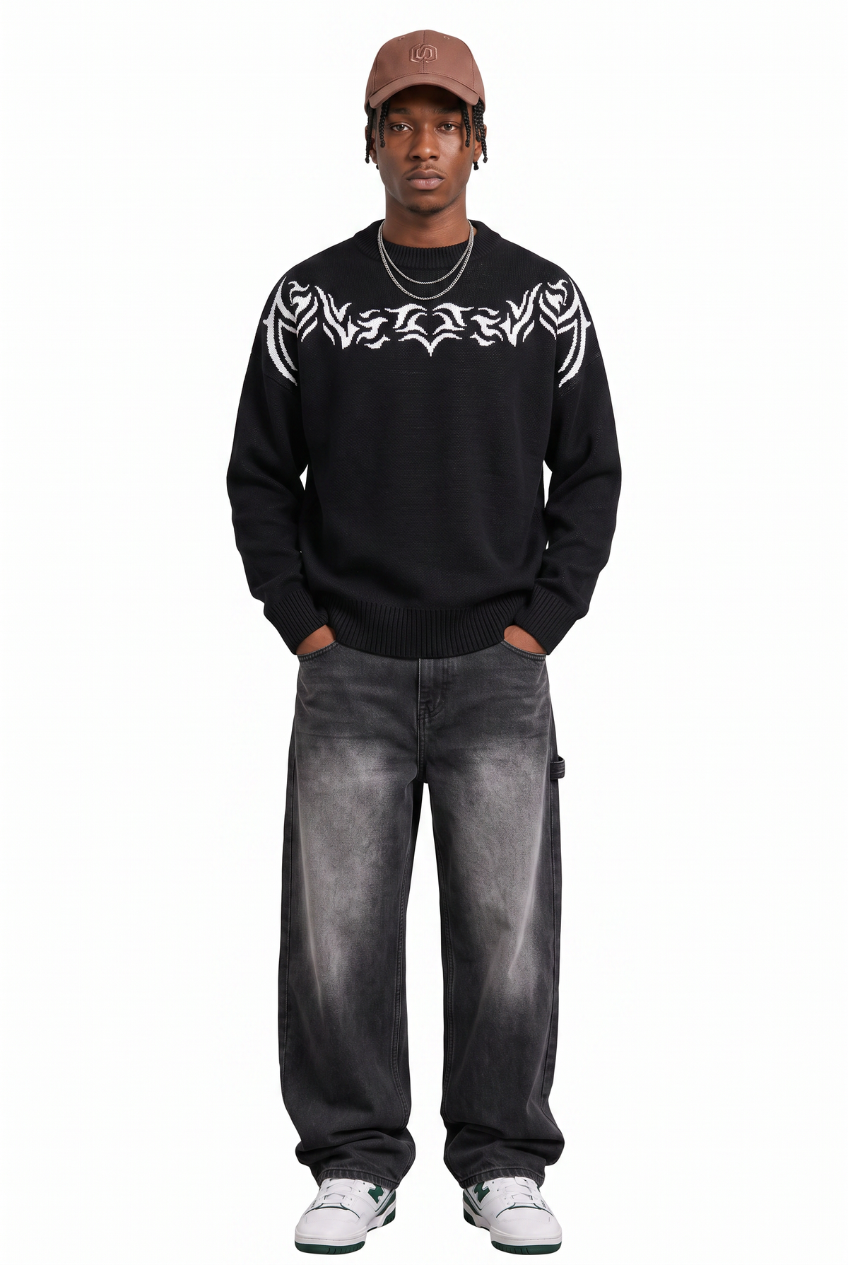 Tribal Knit Black Crewneck Sweater