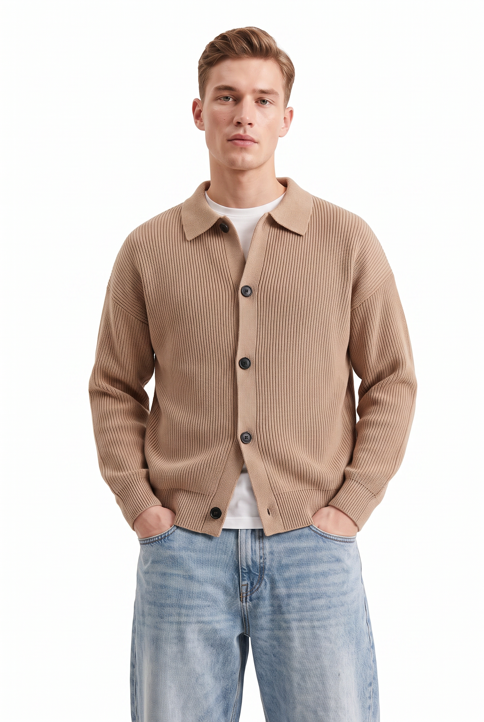 Beige Ribbed Crew Neck Sweater