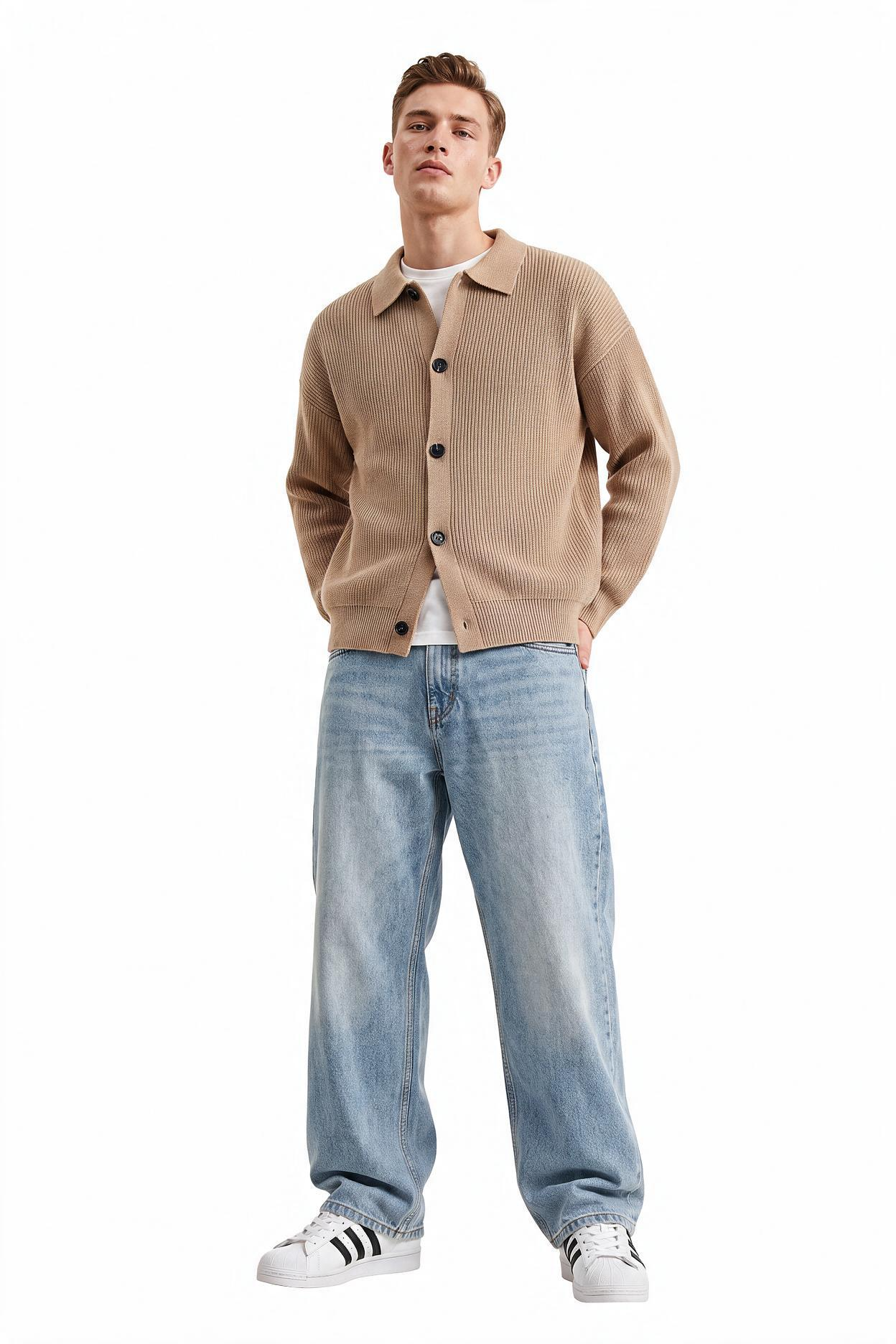 Beige Ribbed Crew Neck Sweater