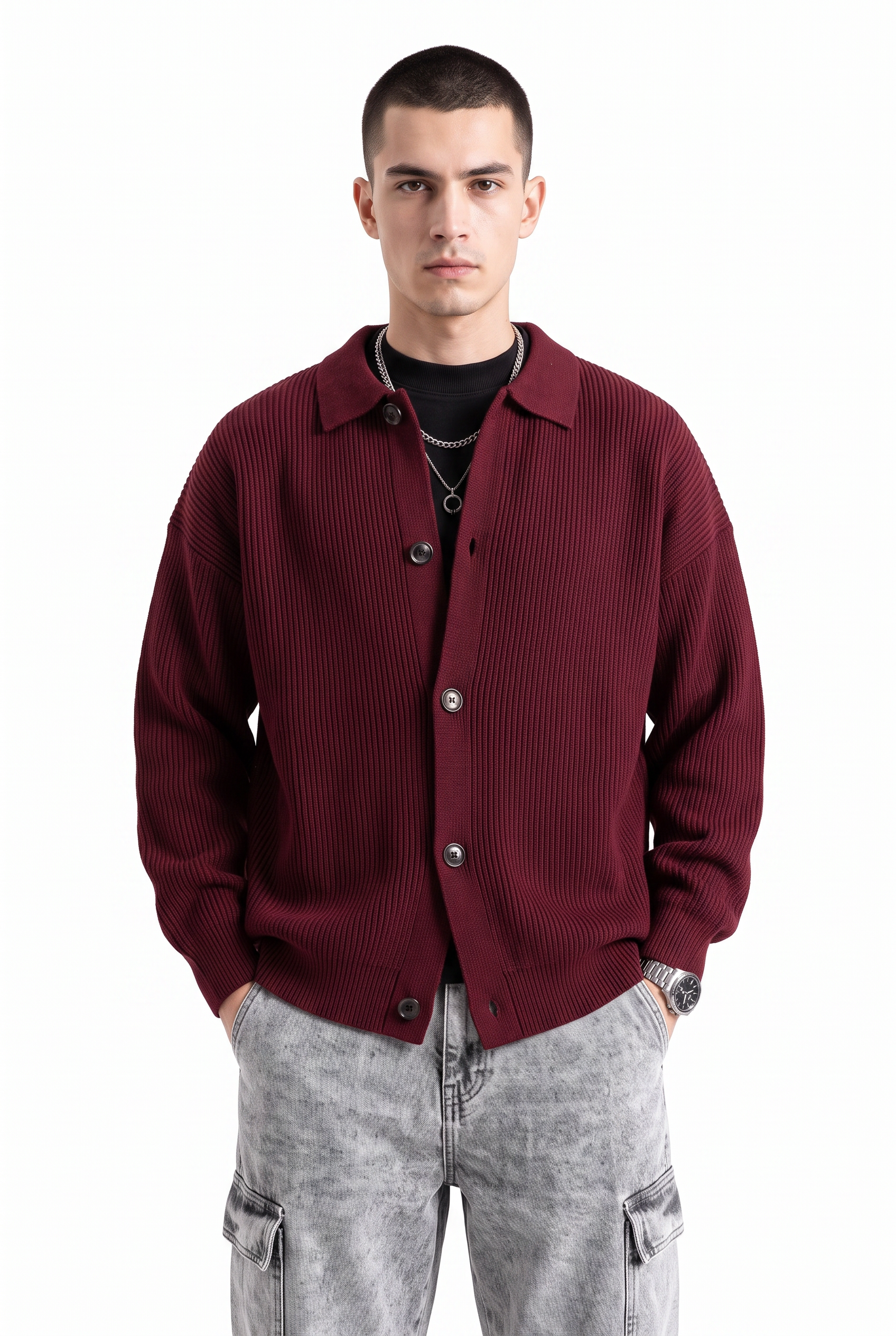 Maroon Ribbed Crew Neck Sweater