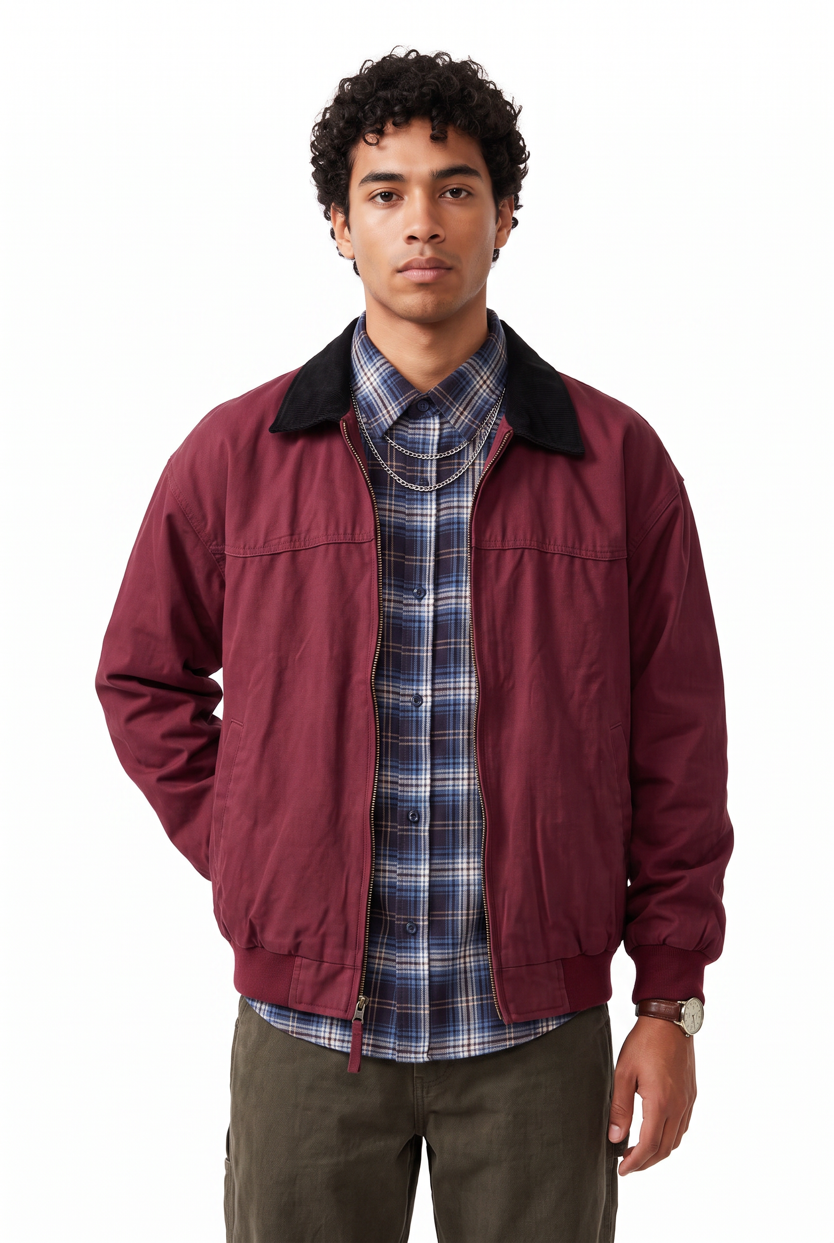 Maroon Zip Mandarin Collar Jacket
