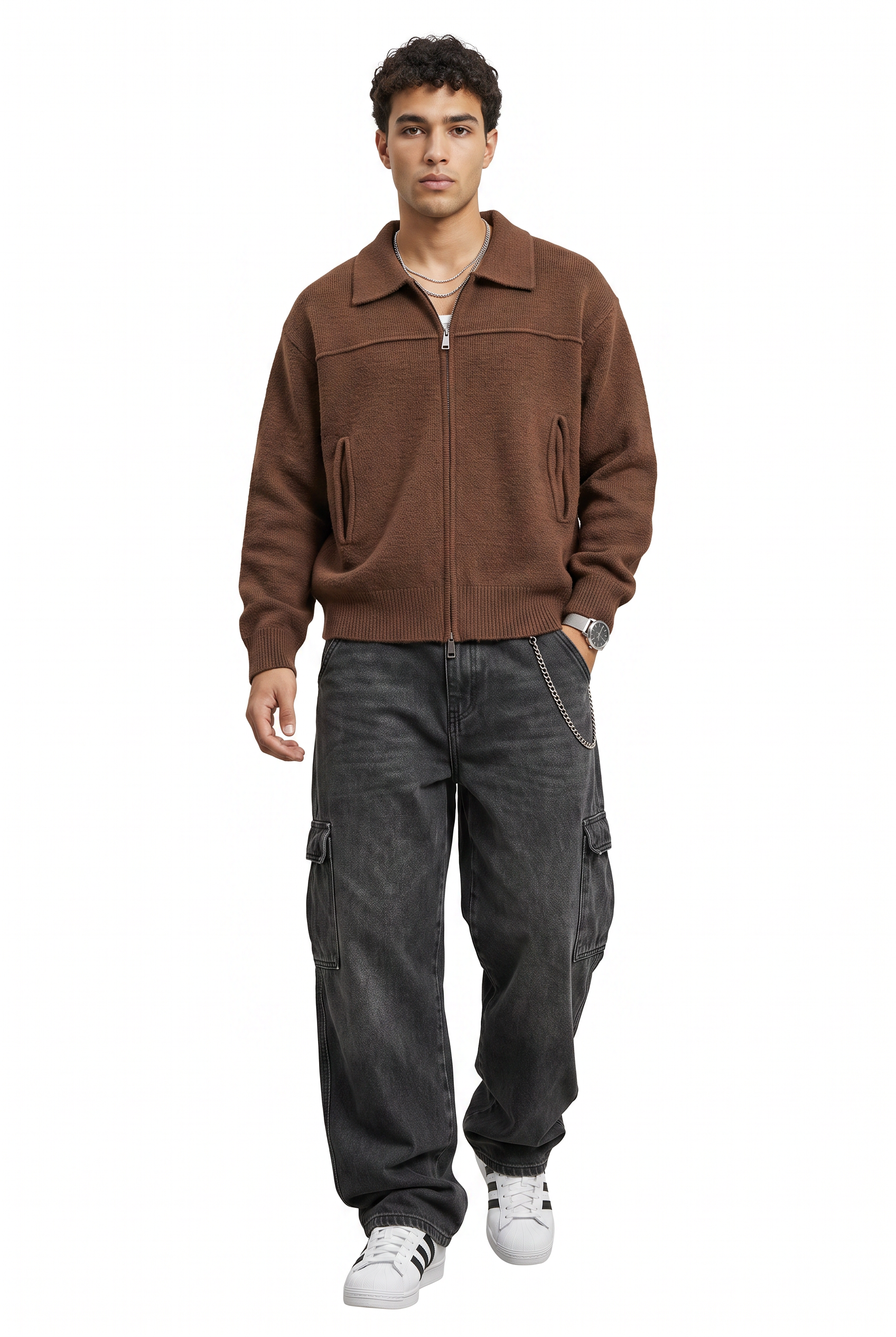 Brown Zip-Up Mandarin Collar Jacket