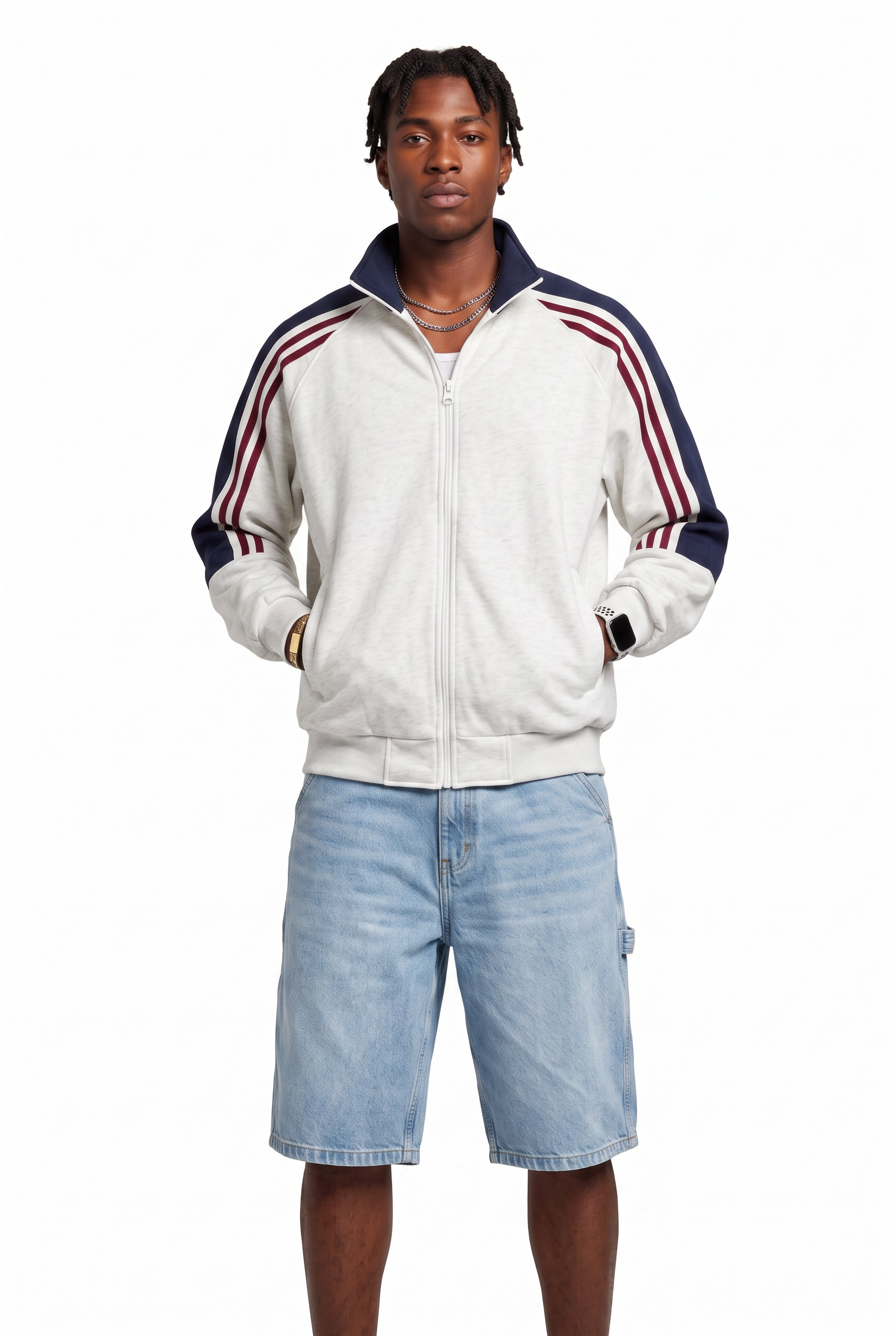 White Zip Mandarin Collar Jacket