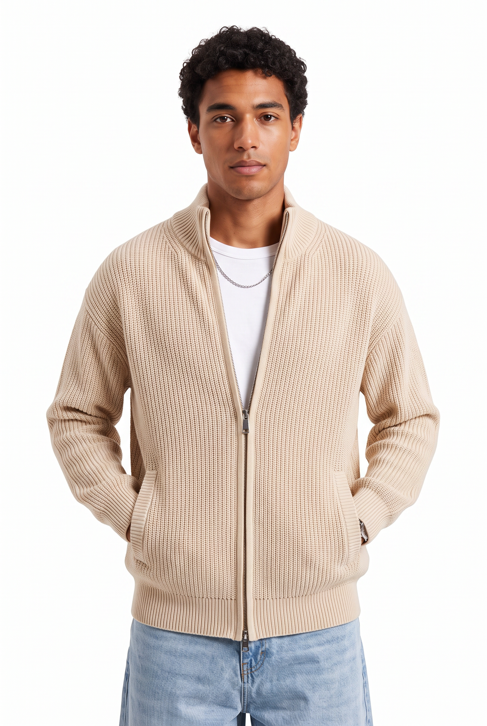 Cream Ribbed Crew Neck Sweater