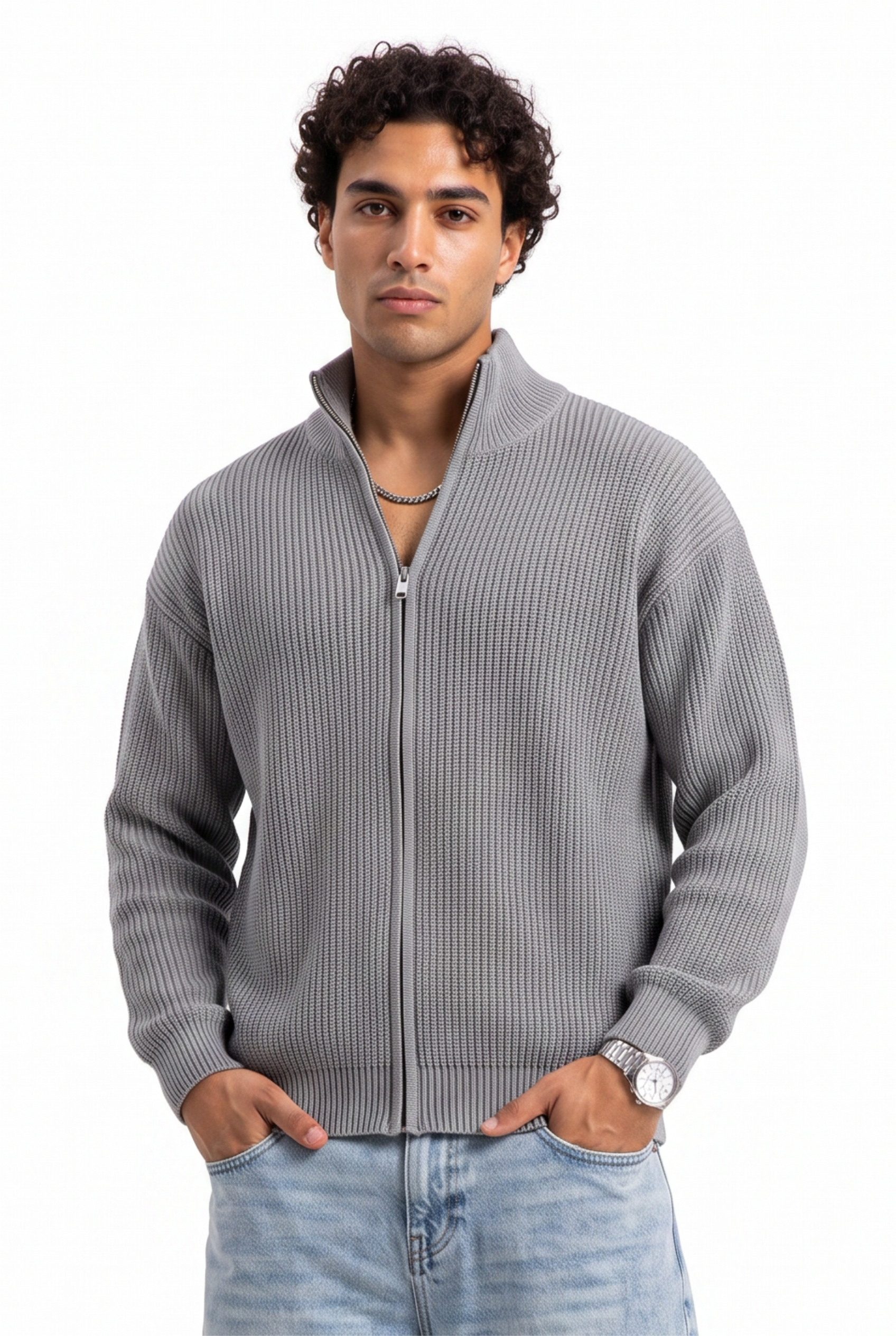 Grey Ribbed Crew Neck Sweater