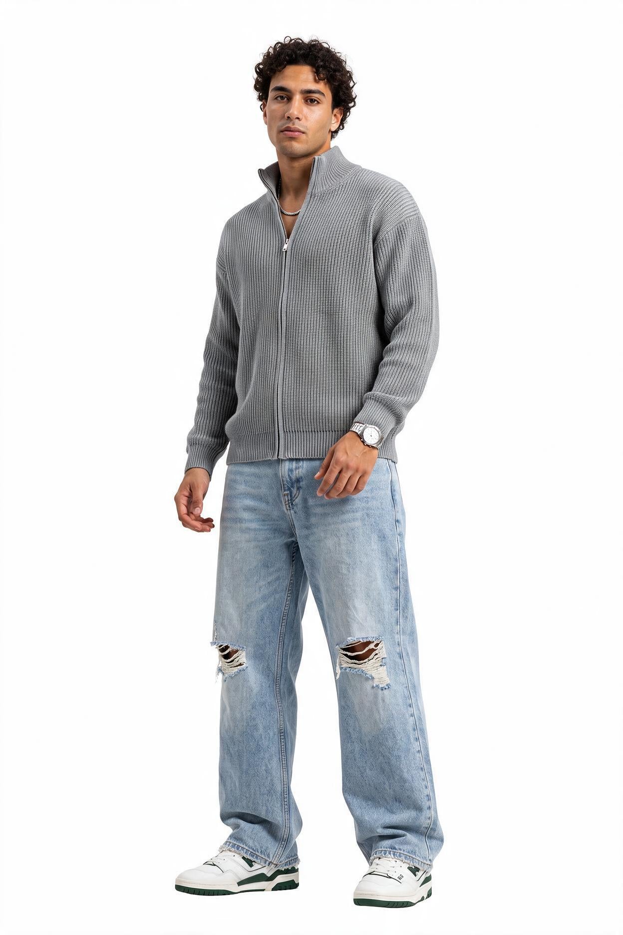 Grey Ribbed Crew Neck Sweater
