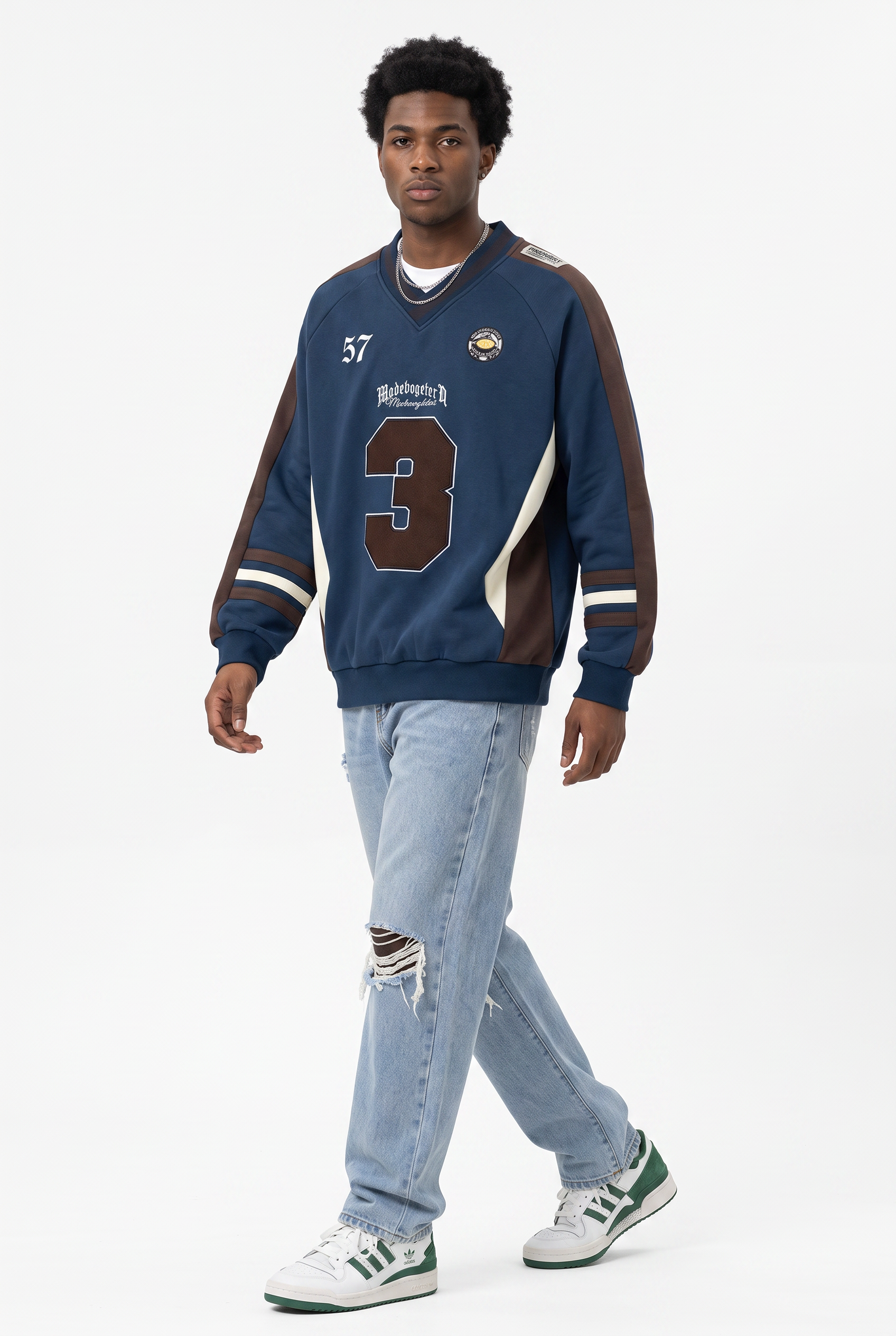 Steel Blue Ribbed Crew Neck Sweatshirt