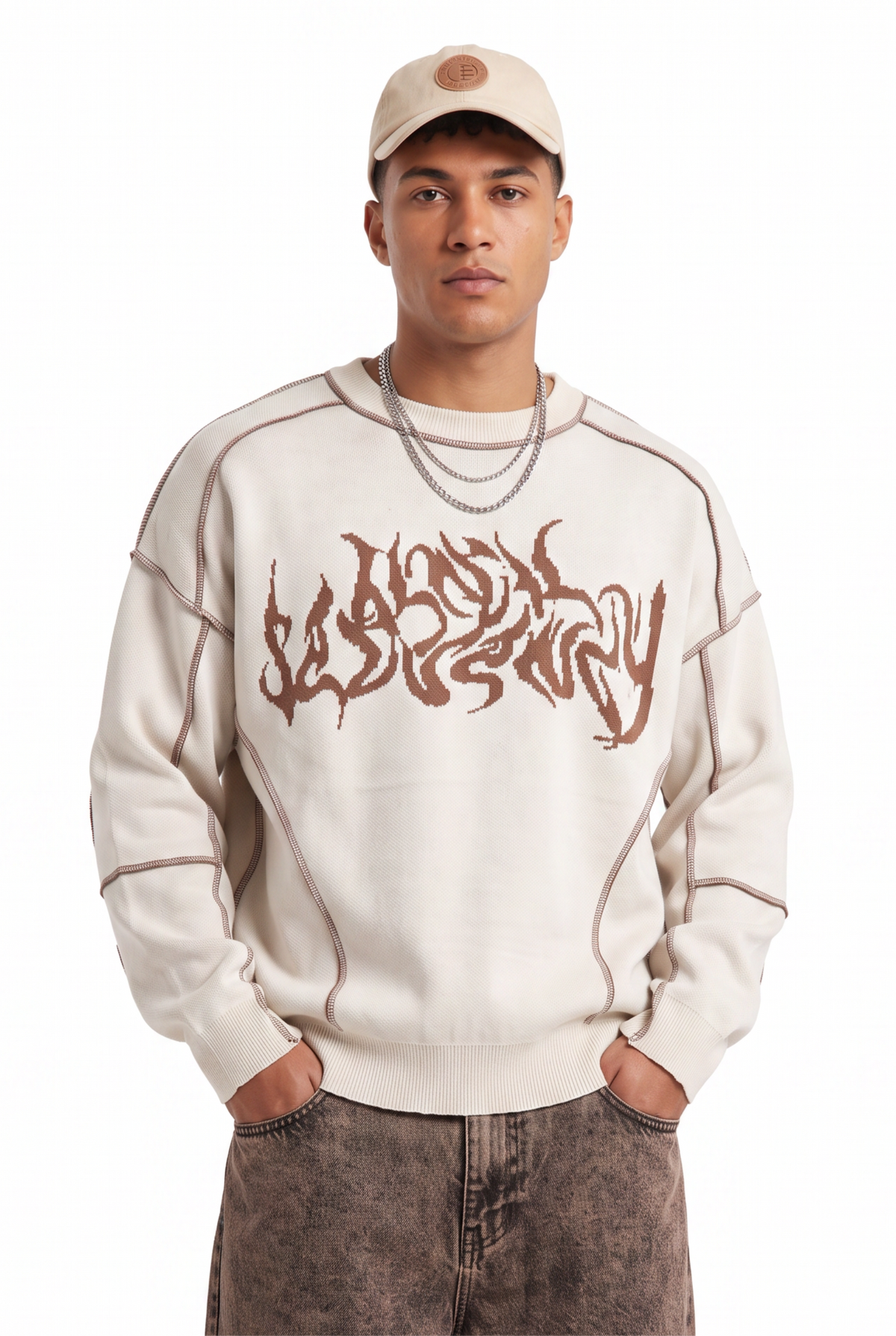 Contrast Stitch Cream Graphic Sweater