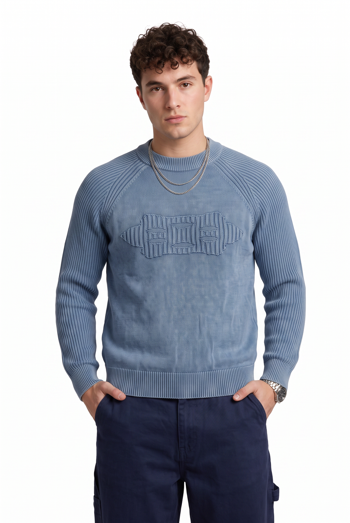 Washed Blue Ribbed Knit Sweater