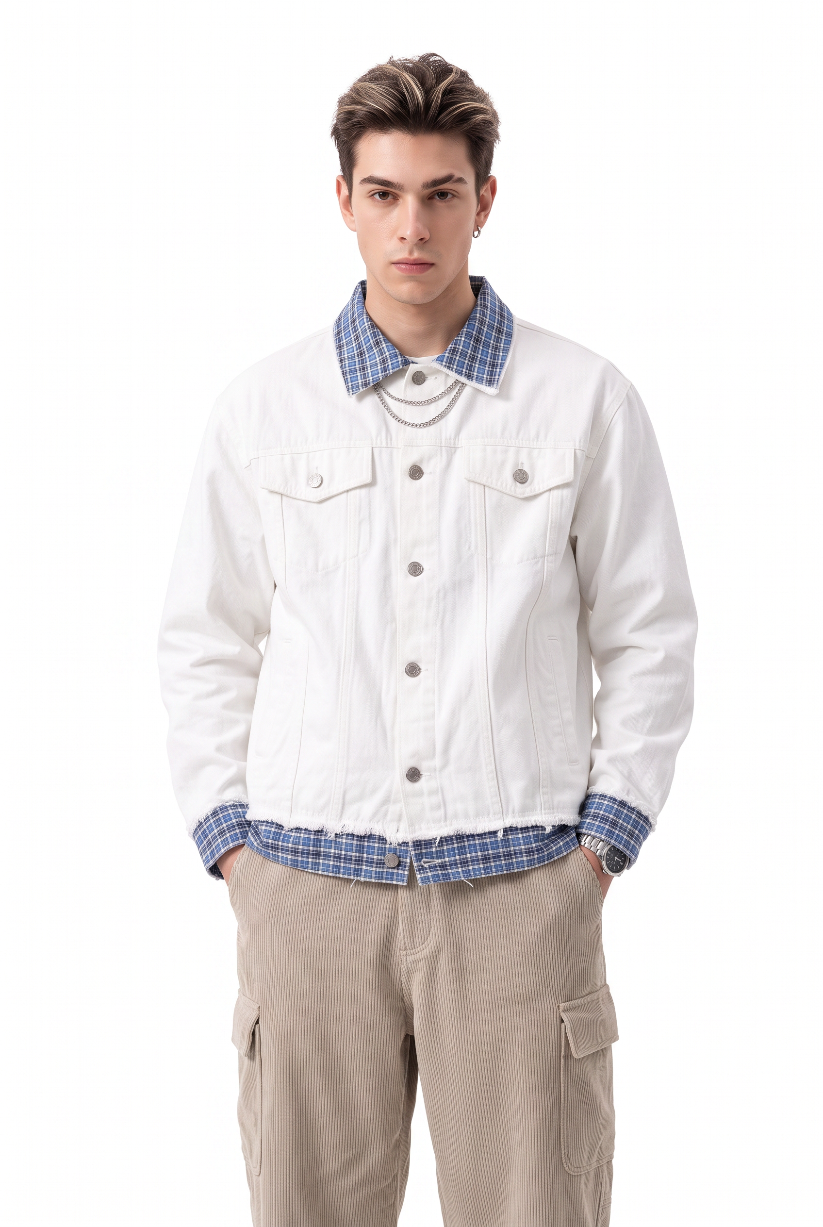 White Mandarin Collar Zip Jacket