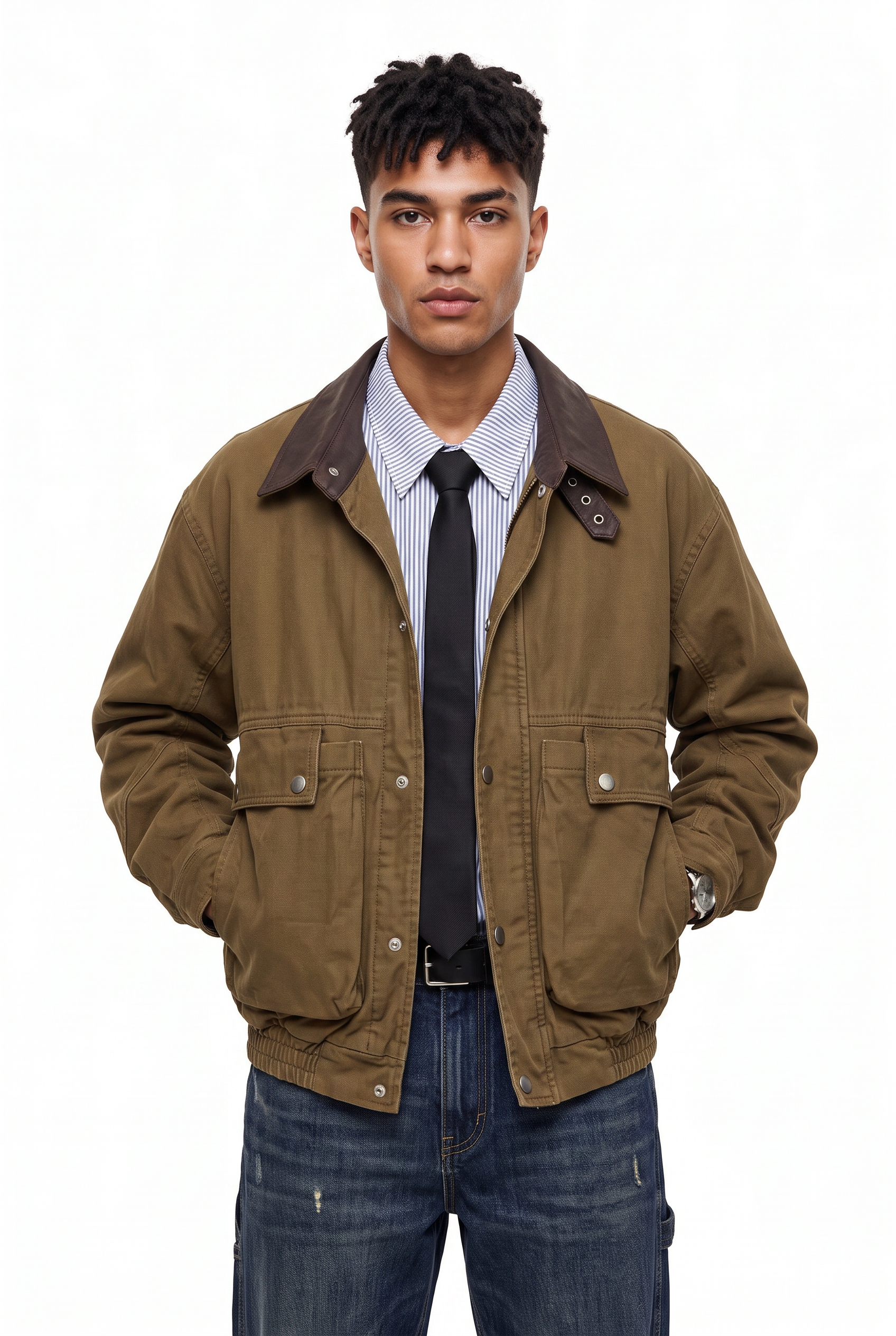 Brown Zip-Up Mandarin Collar Jacket