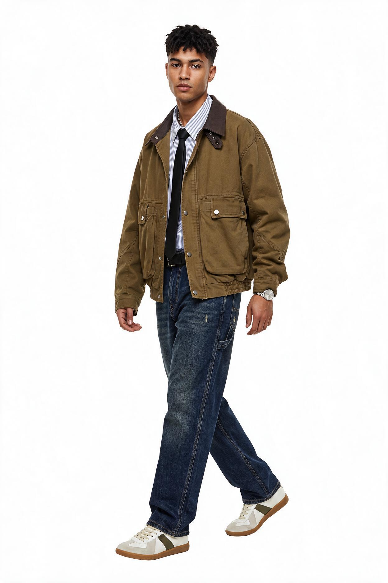 Brown Zip-Up Mandarin Collar Jacket