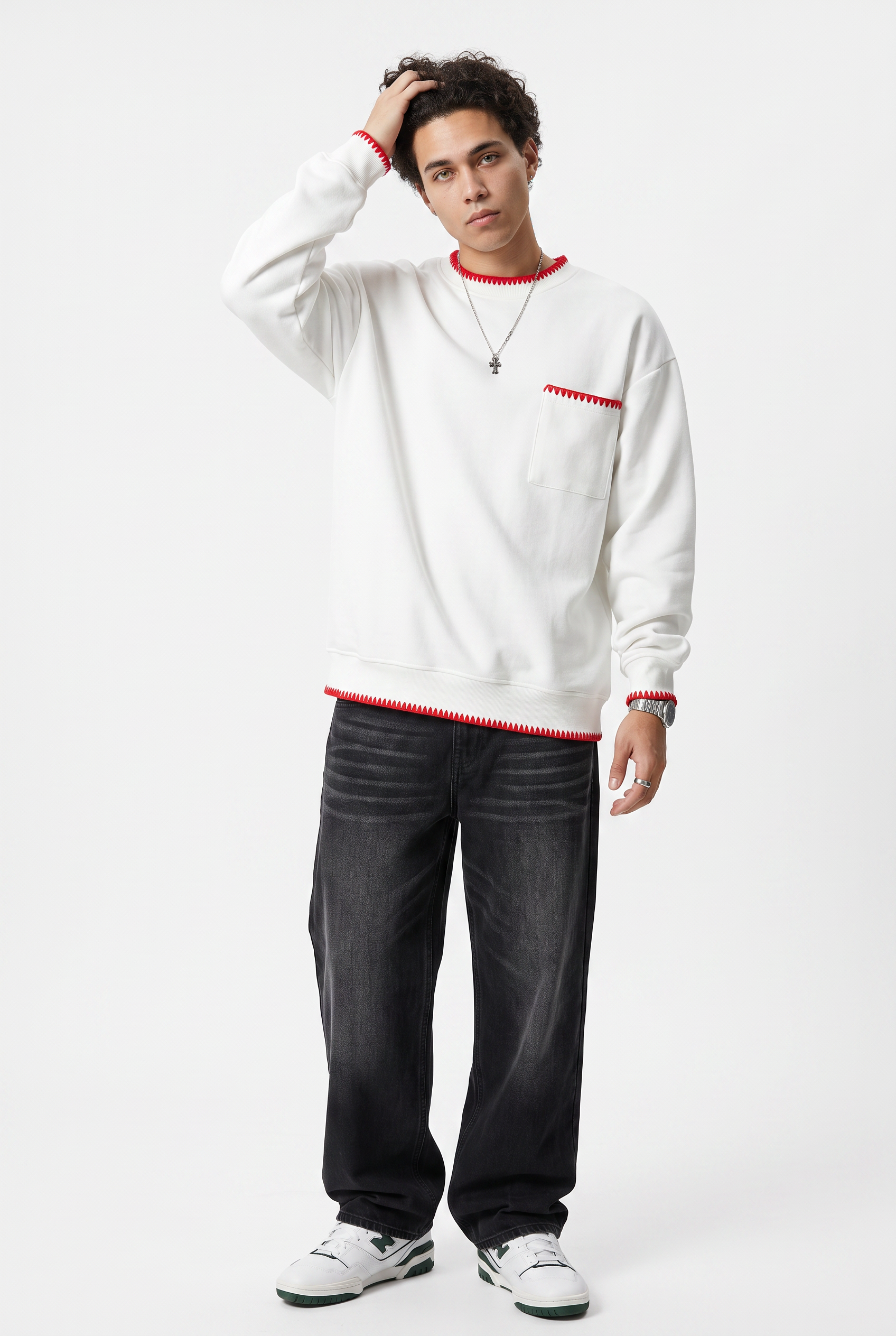 White Ribbed Cuff Crew Sweatshirt