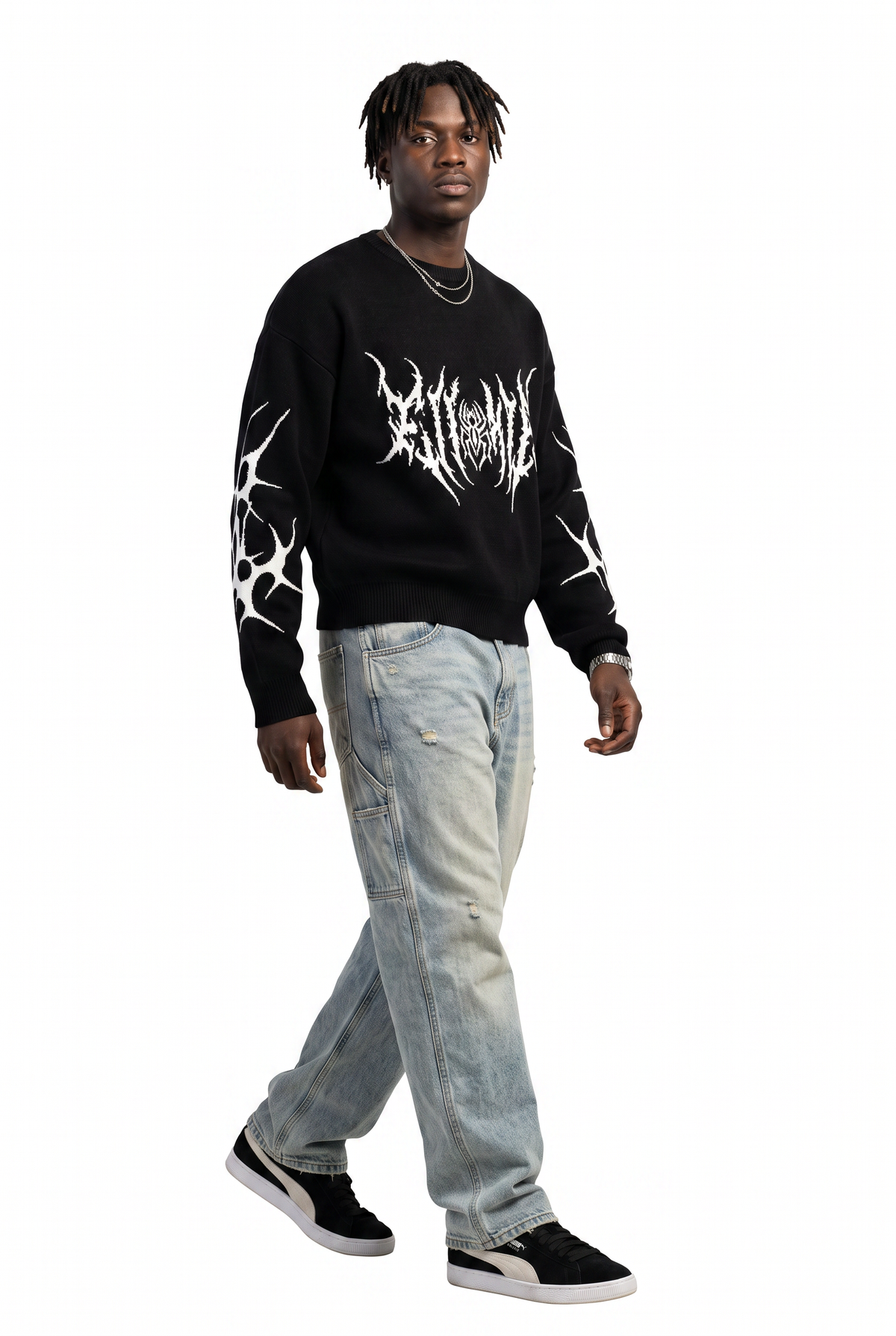 Gothic Print Black Knit Sweater