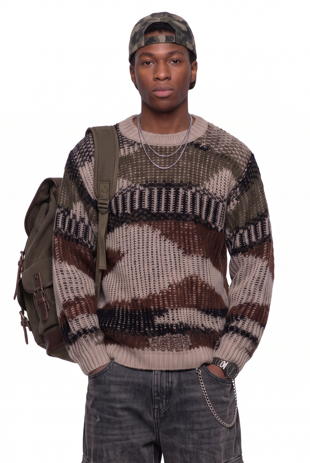 Textured Brown Camo Knit Sweater