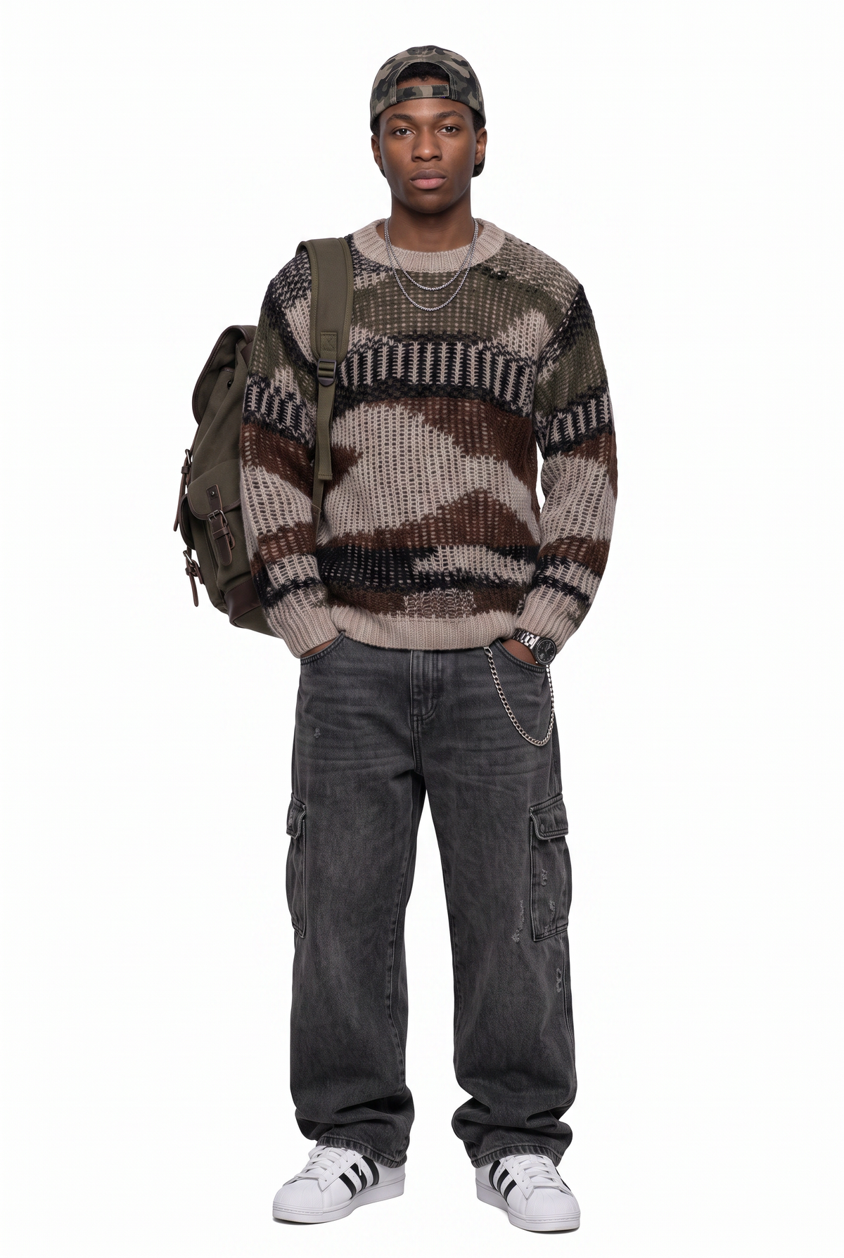 Textured Brown Camo Knit Sweater