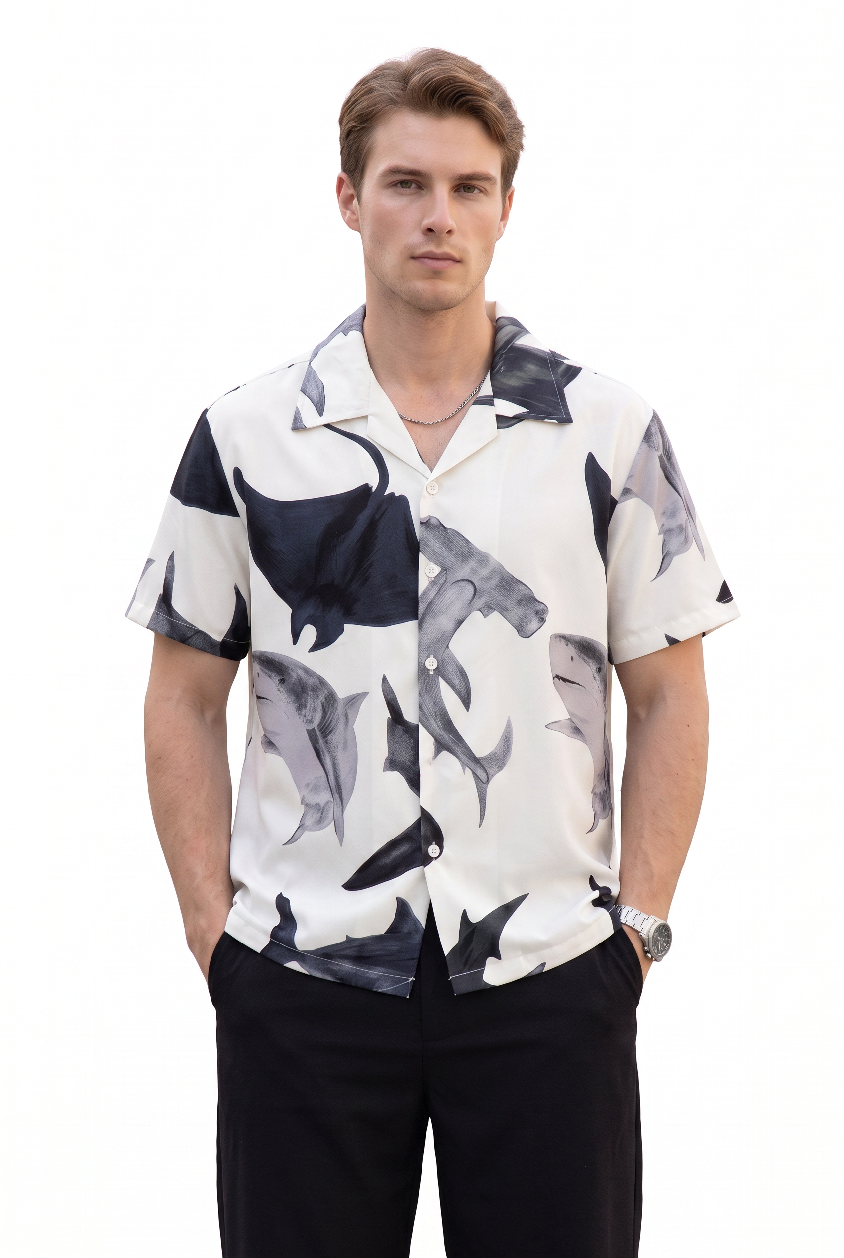 White Shark Printed Camp Collar Shirt