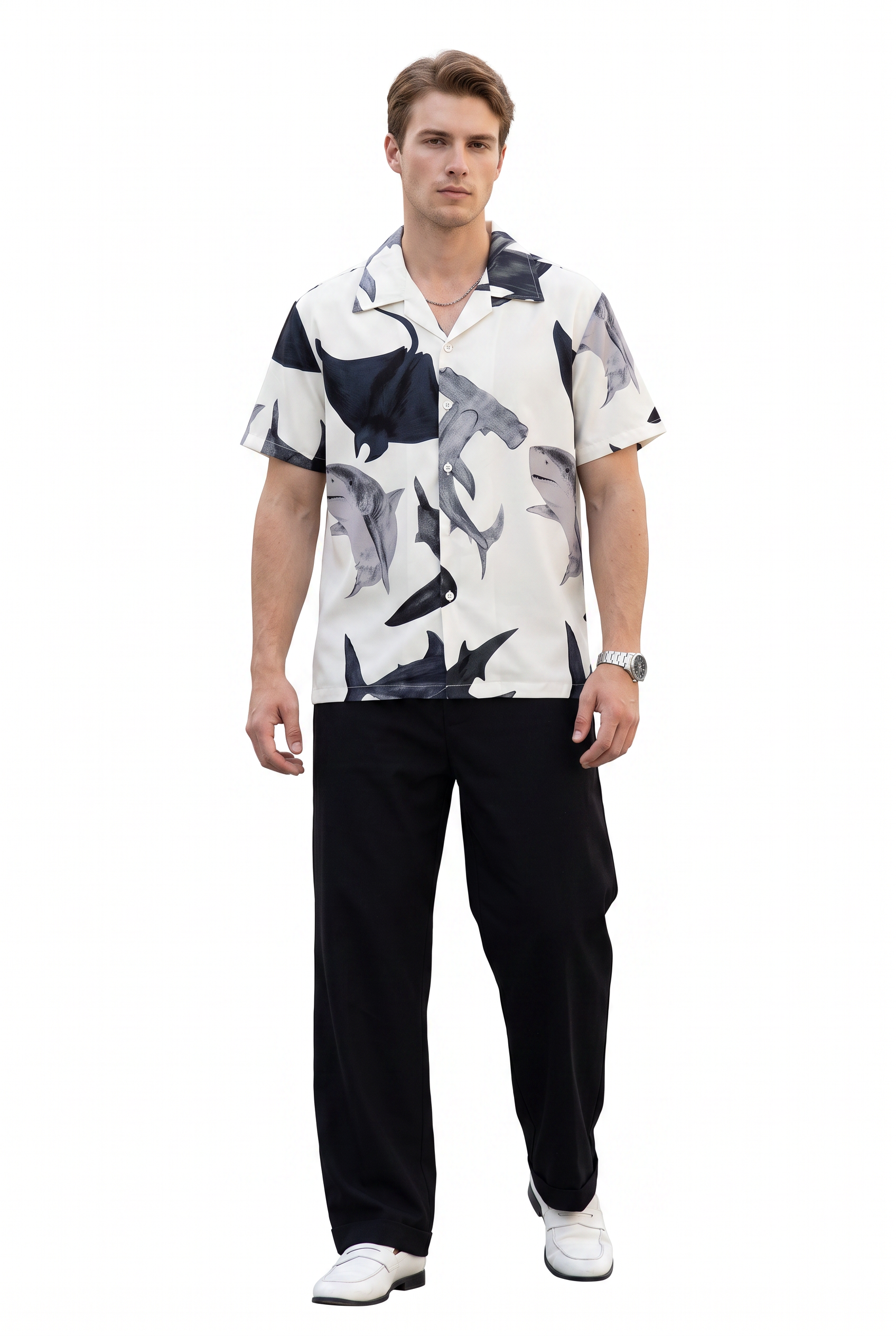 White Shark Printed Camp Collar Shirt