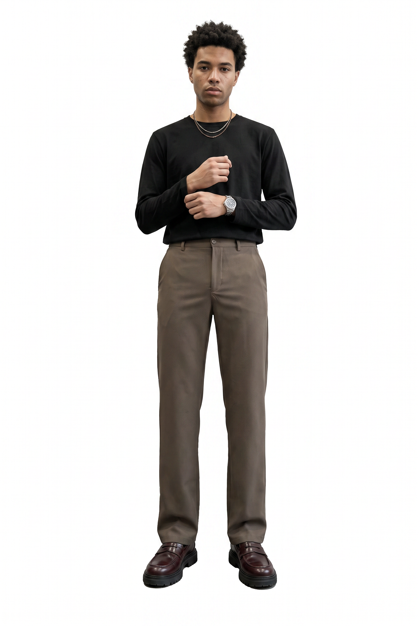 Brown Flat Front Slim Formal Trousers