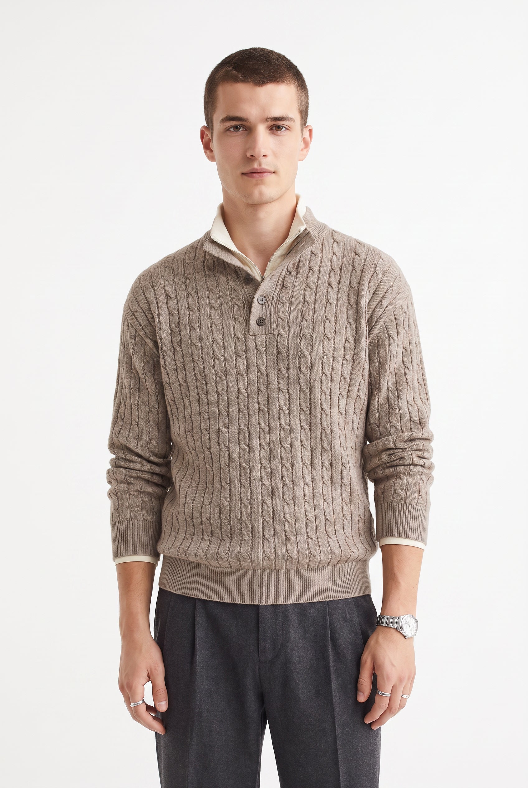 Beige Ribbed Crew Neck Sweater