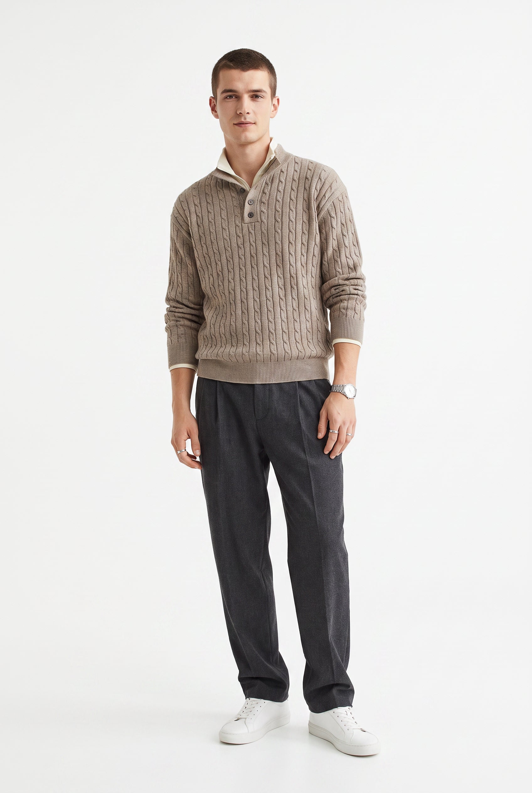 Beige Ribbed Crew Neck Sweater