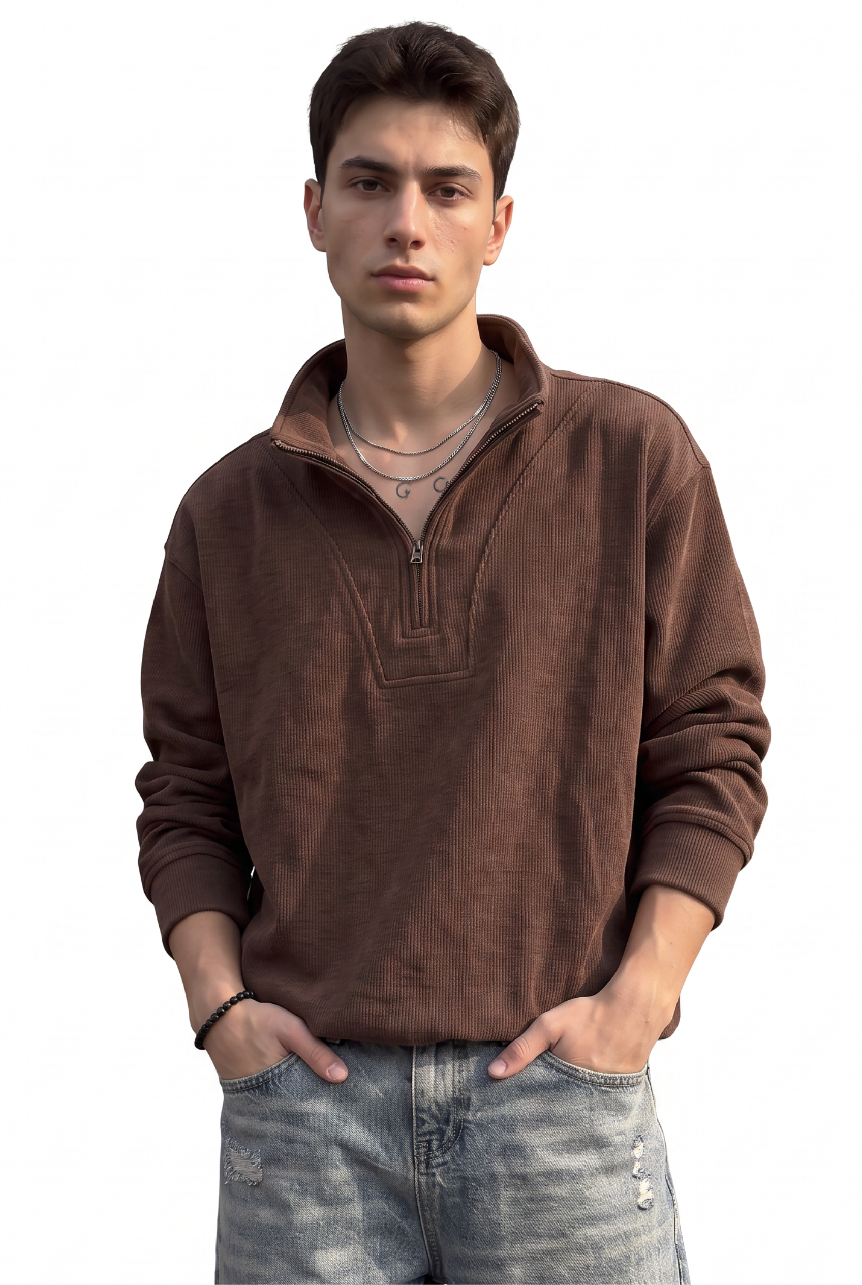 Brown Ribbed Crew Neck Sweatshirt