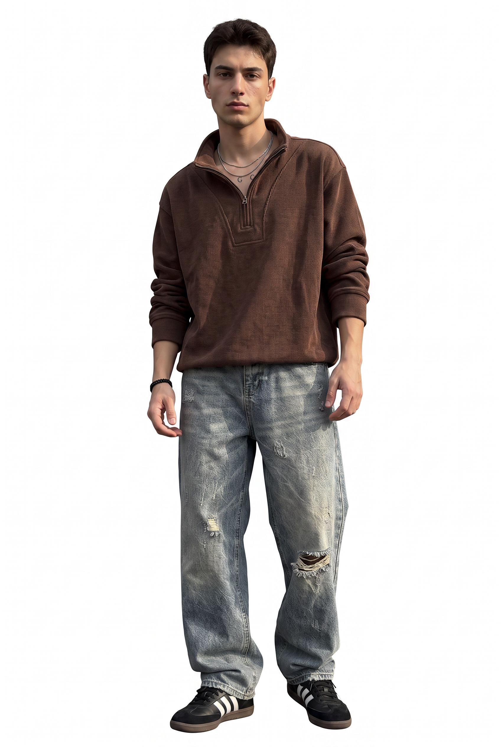 Brown Ribbed Crew Neck Sweatshirt