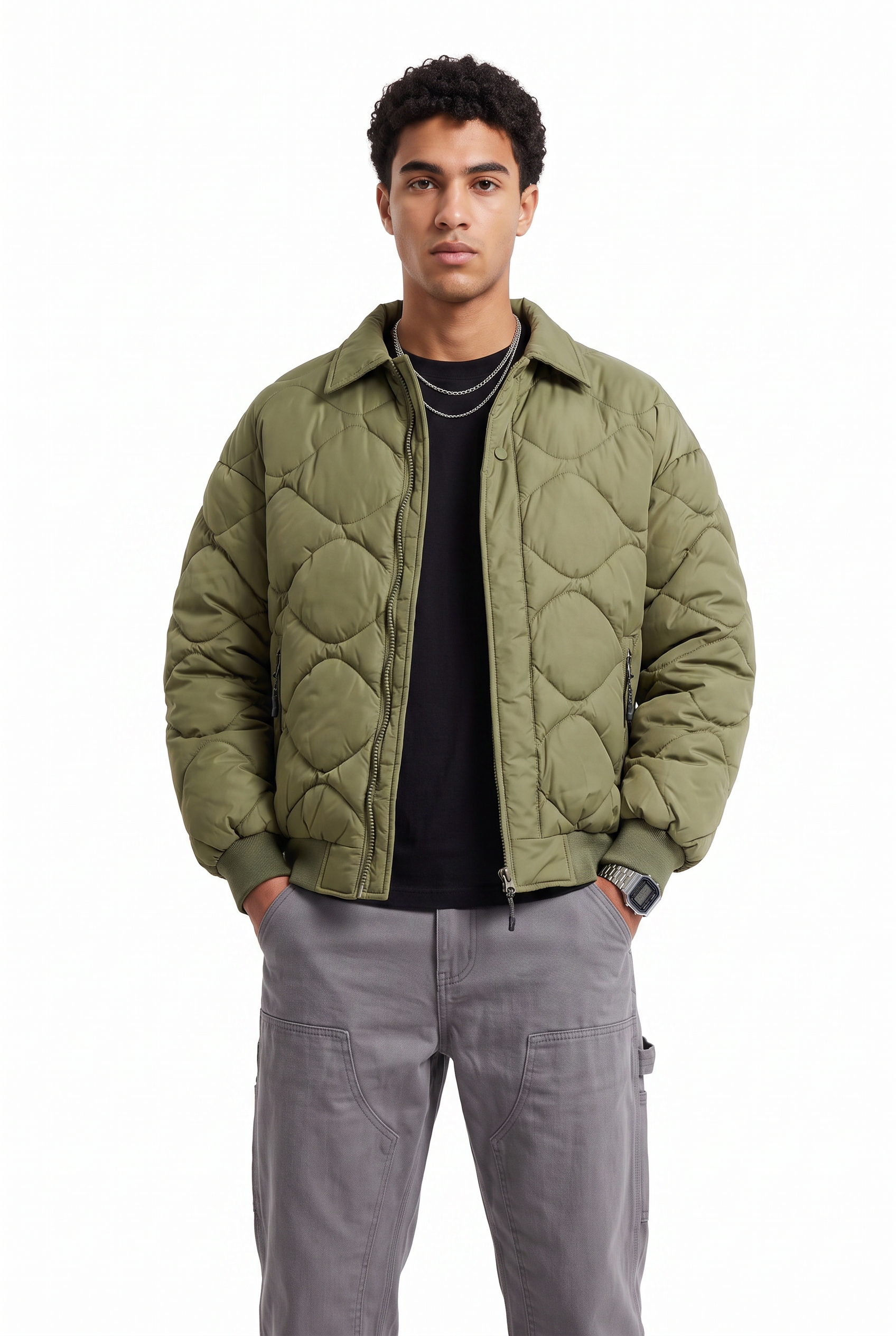 Olive Zip Mandarin Collar Jacket