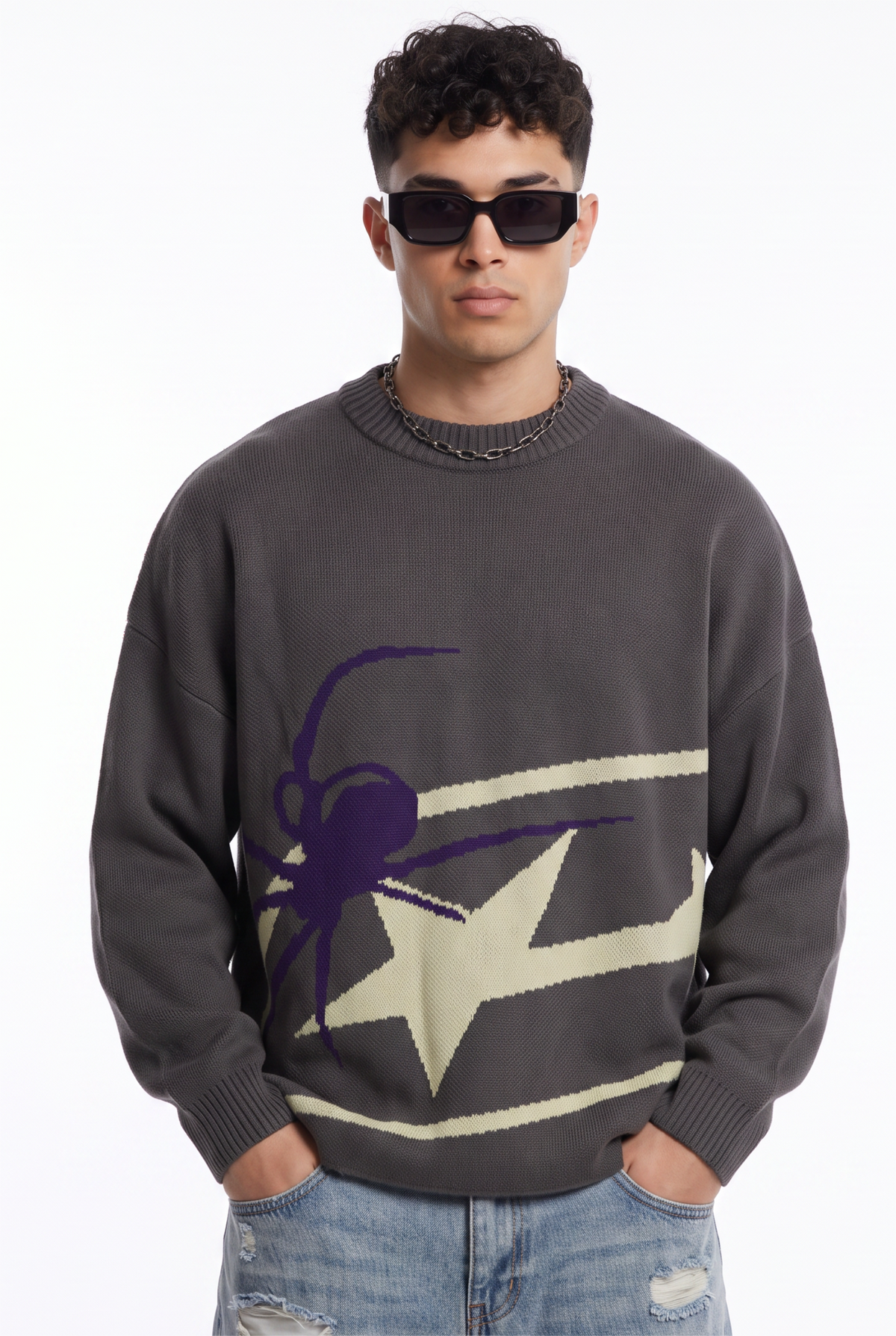 Spider Graphic Grey Knit Sweater