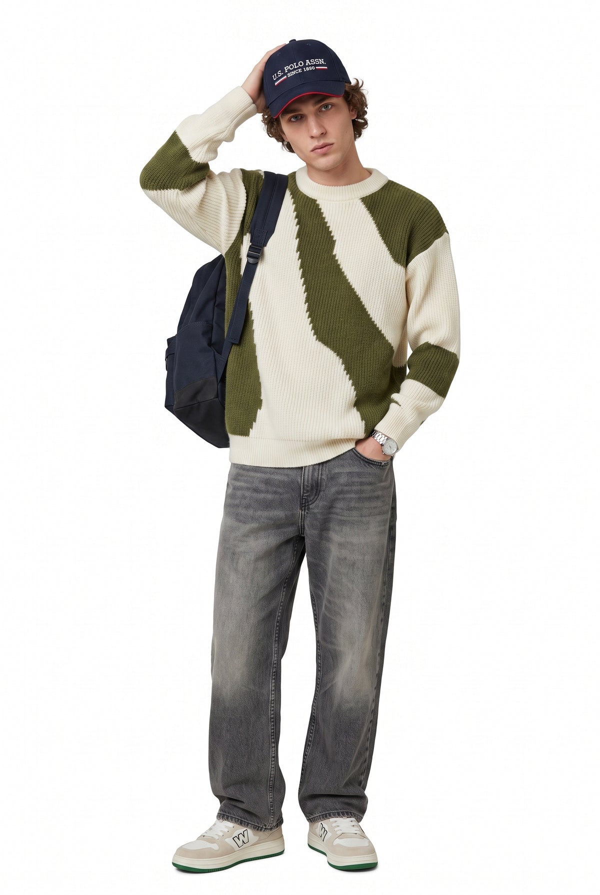 Cream Tapered Colorblock Knit Sweater