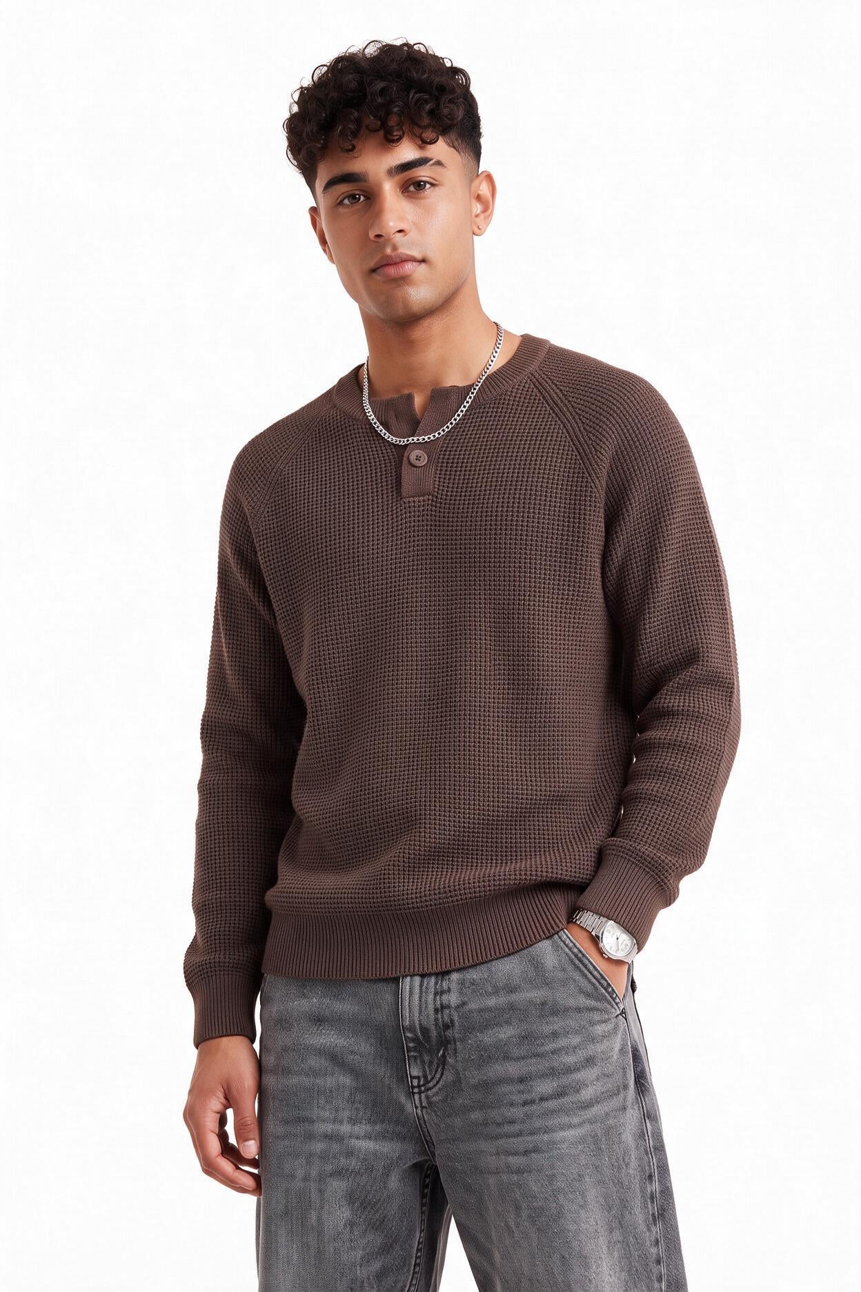 Brown Ribbed Crew Neck Sweater