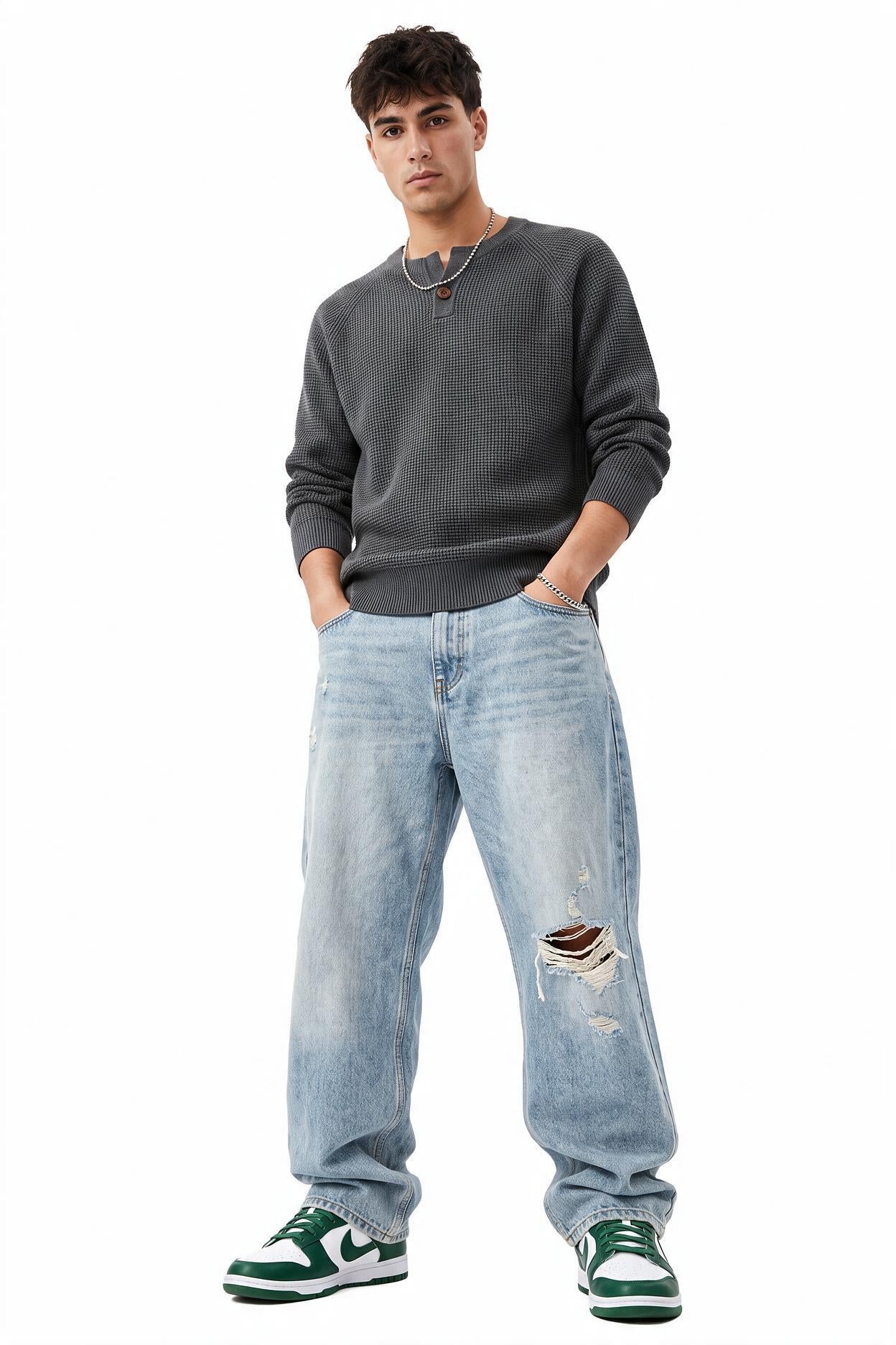 Grey Ribbed Crew Neck Sweater