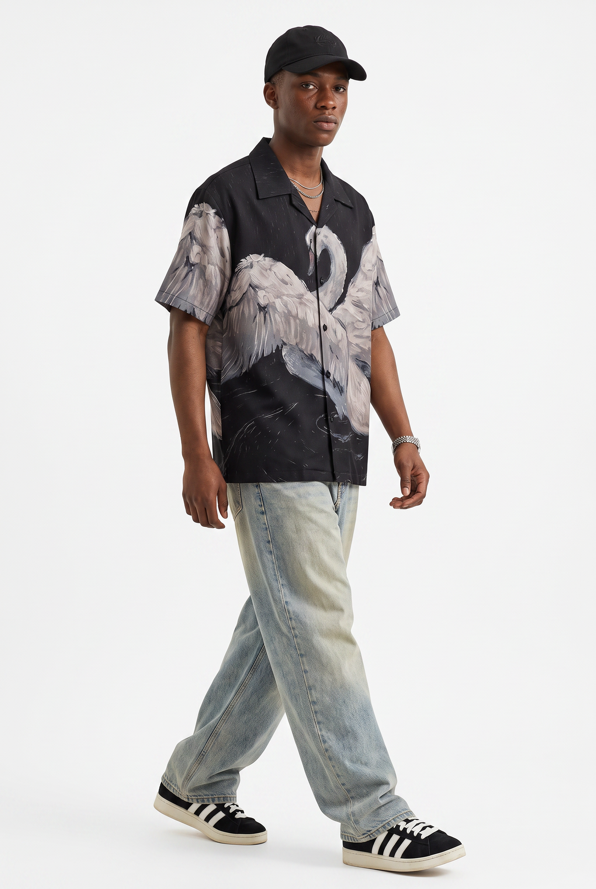 Swan Print Black Camp Shirt