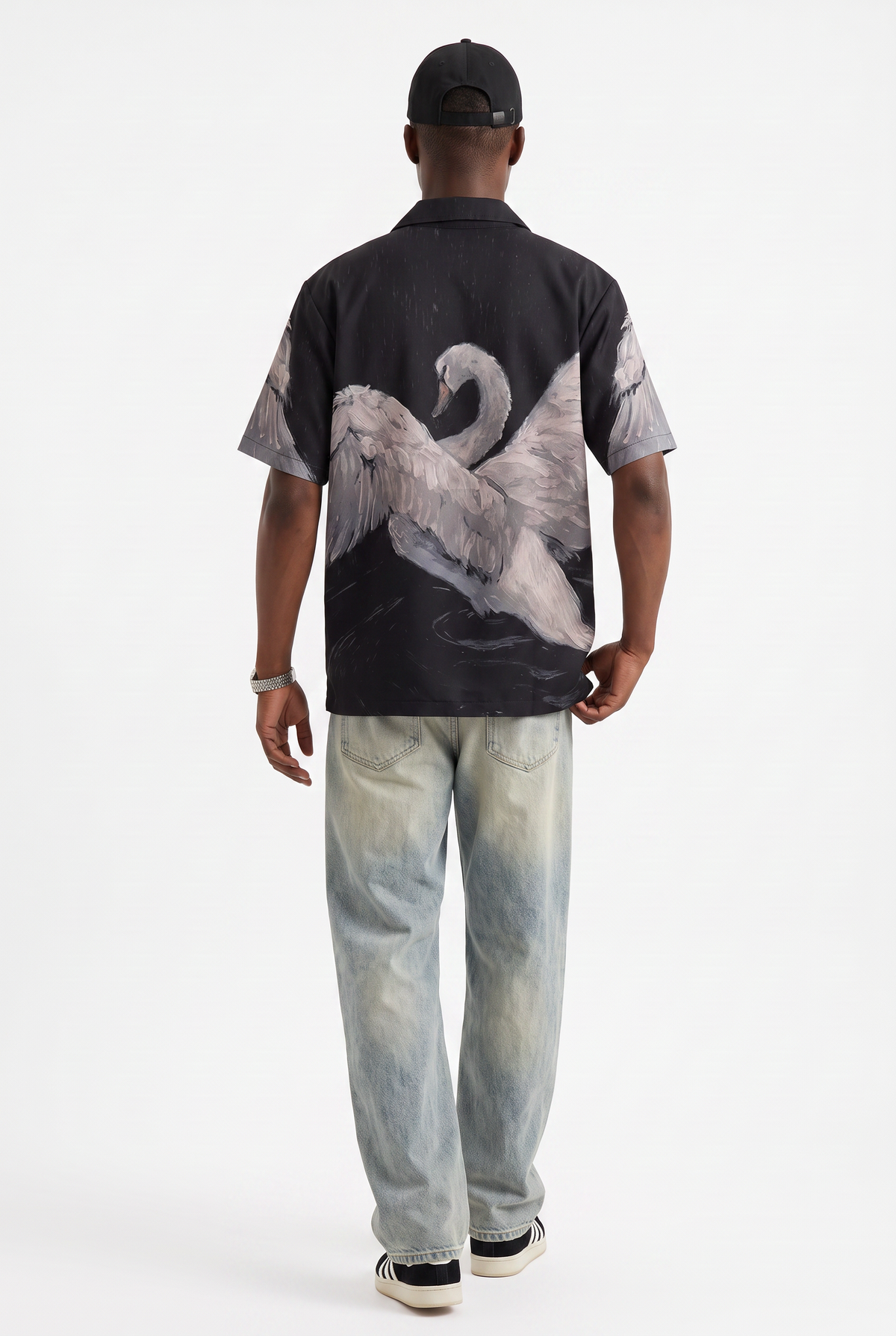 Swan Print Black Camp Shirt