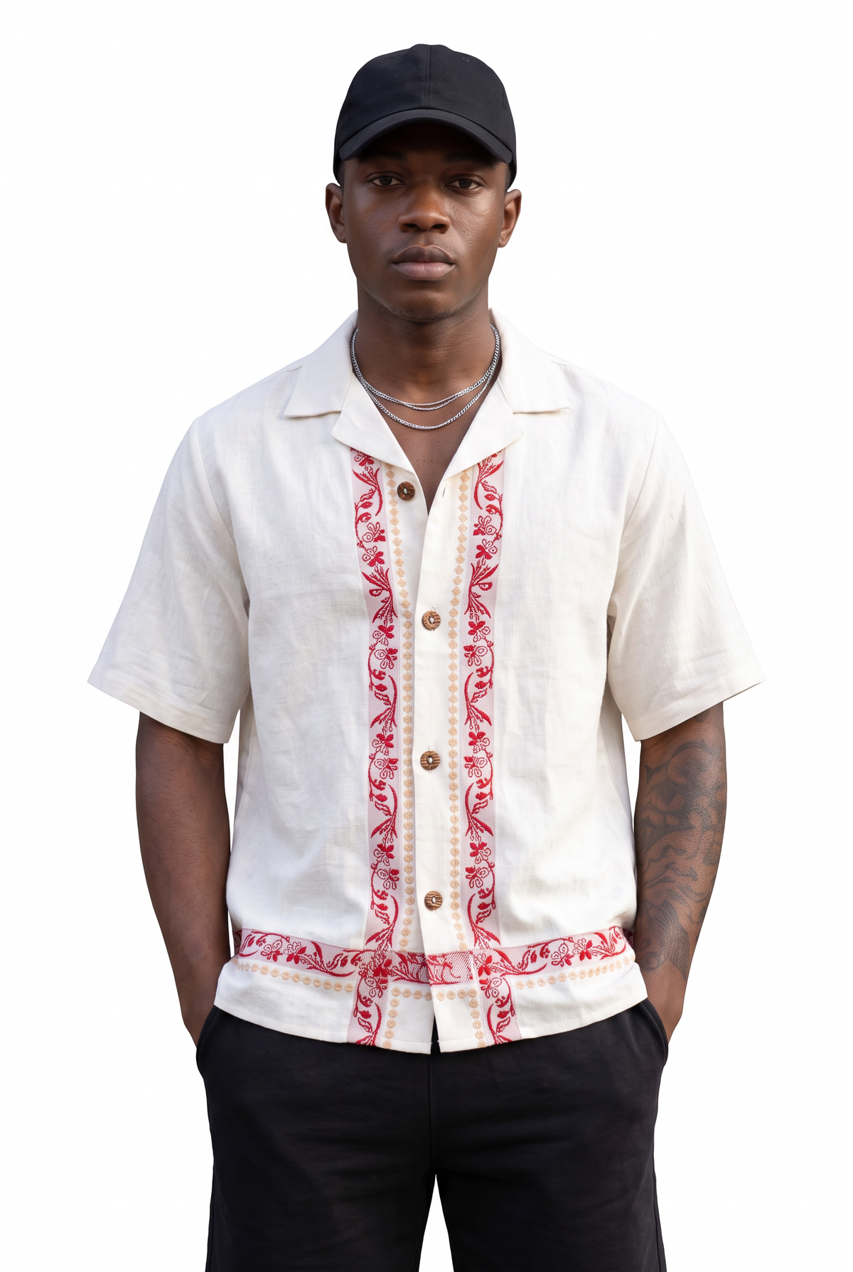 Embroidered White Camp Collar Shirt
