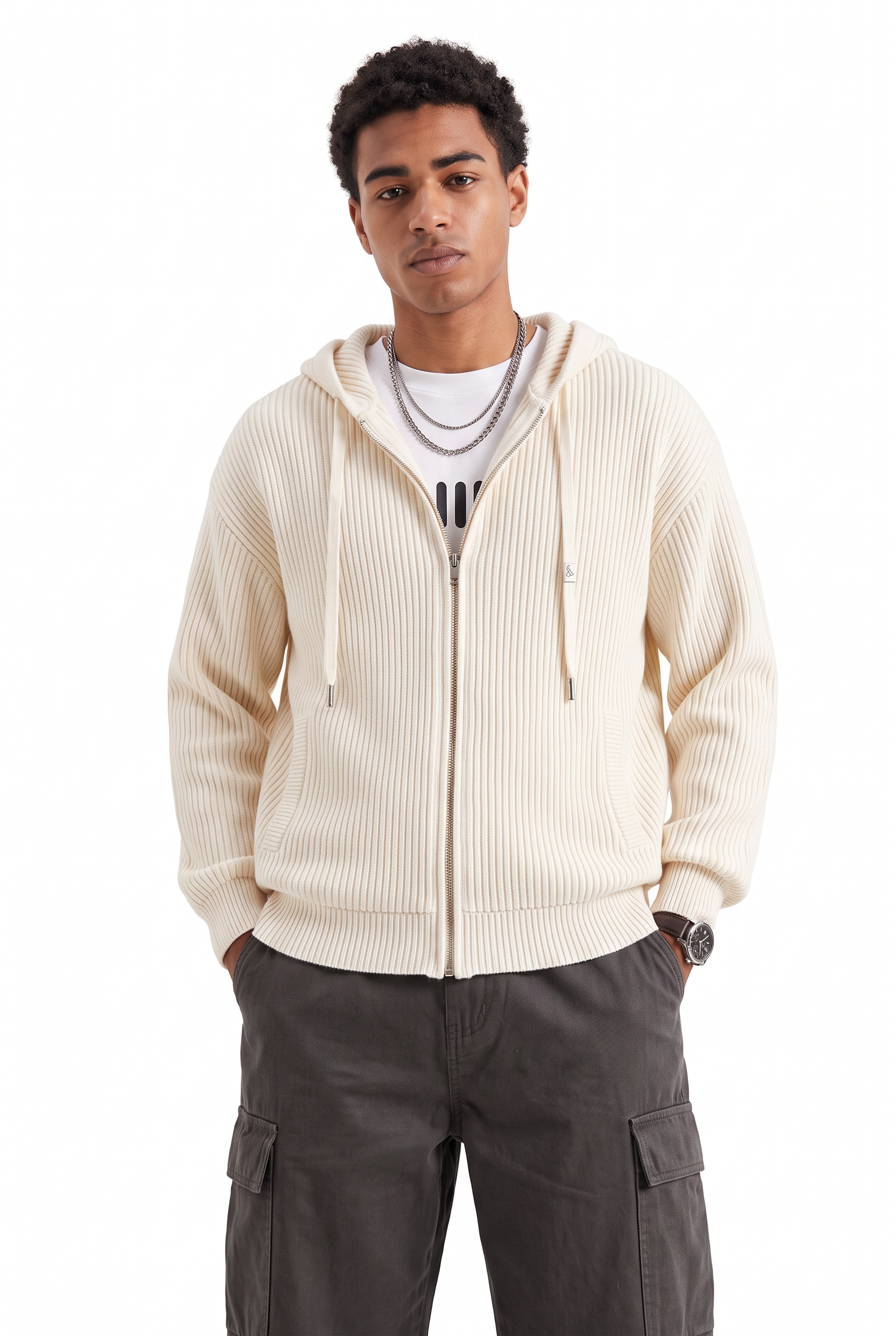 Beige Ribbed Crew Neck Sweater