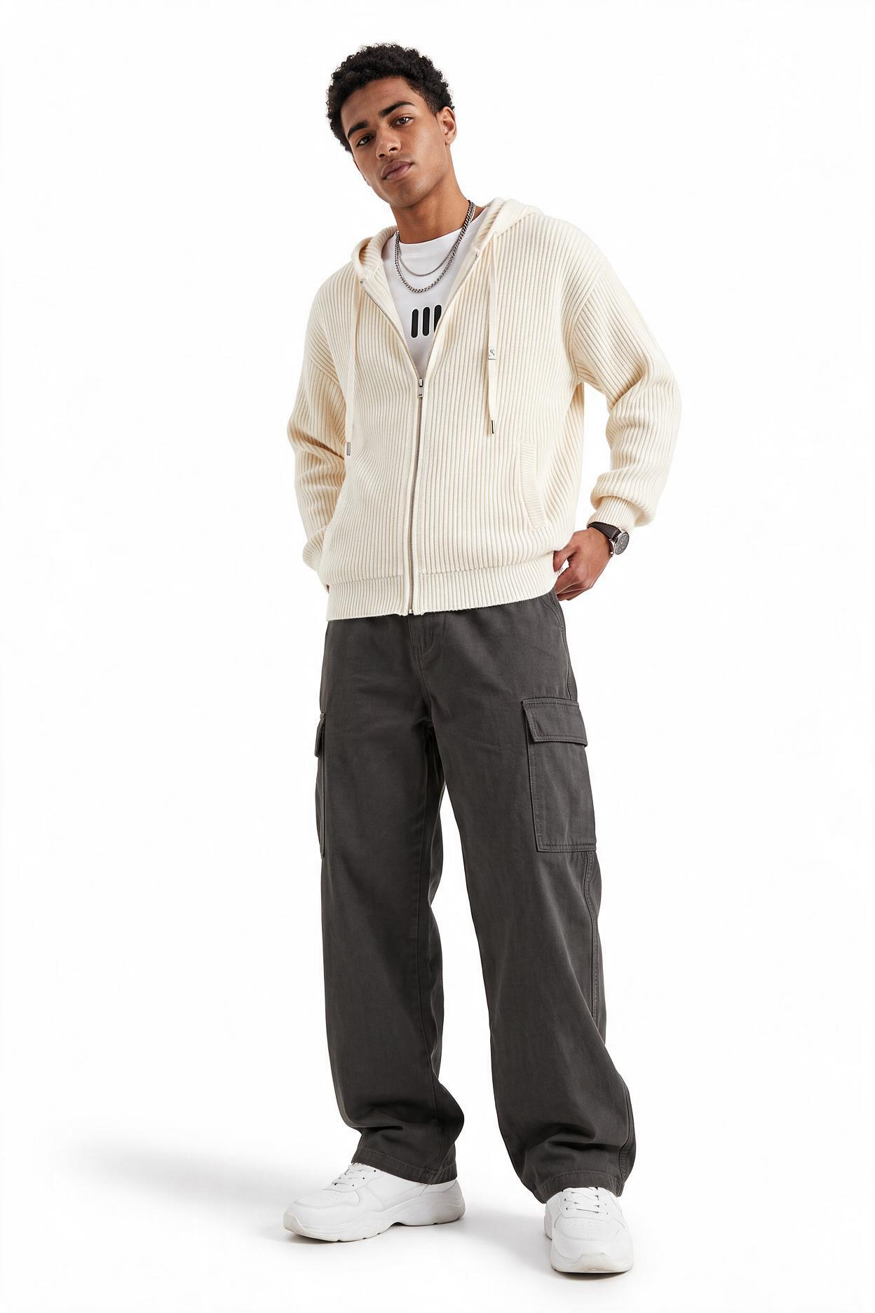 Beige Ribbed Crew Neck Sweater