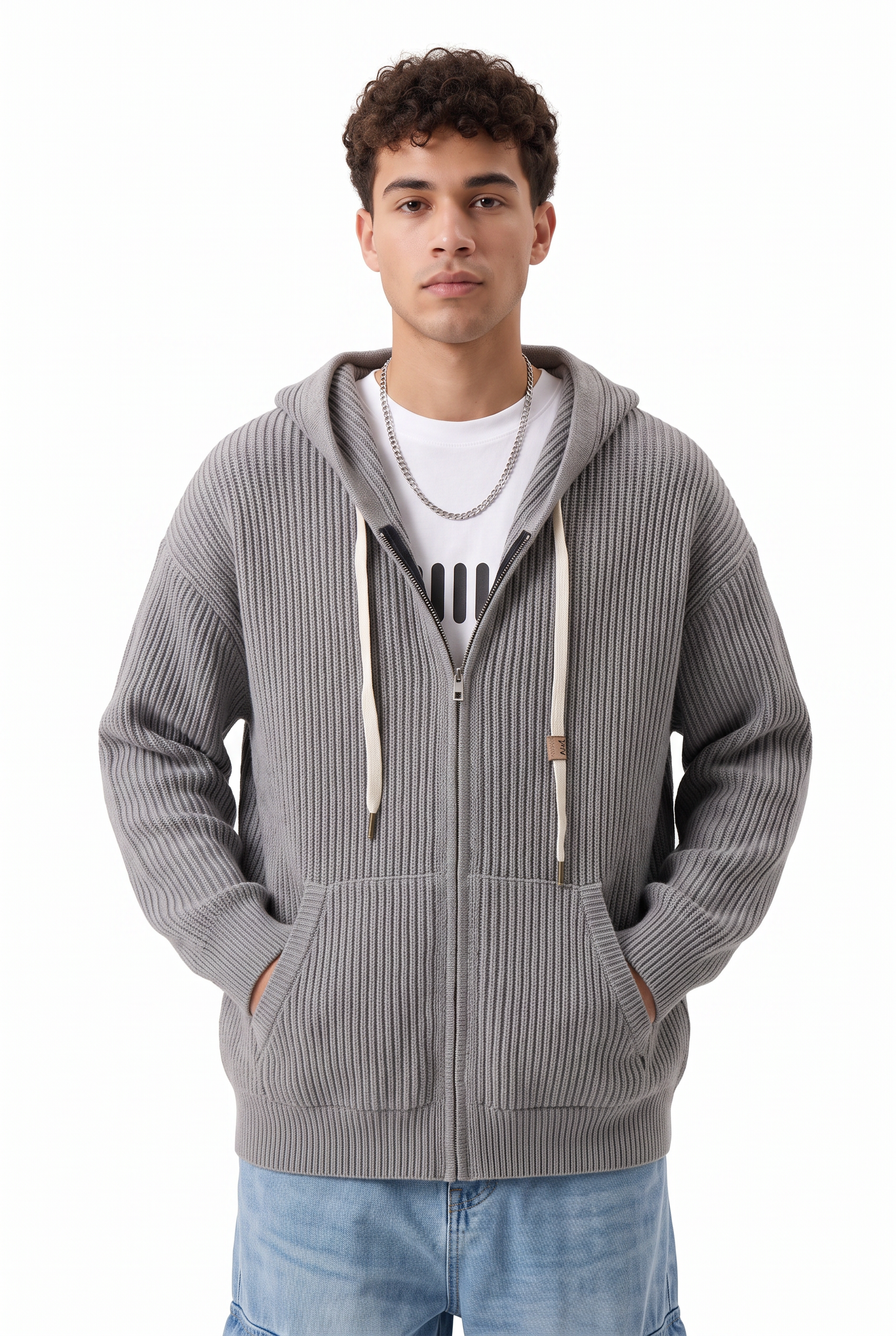 Grey Ribbed Crew Neck Sweater