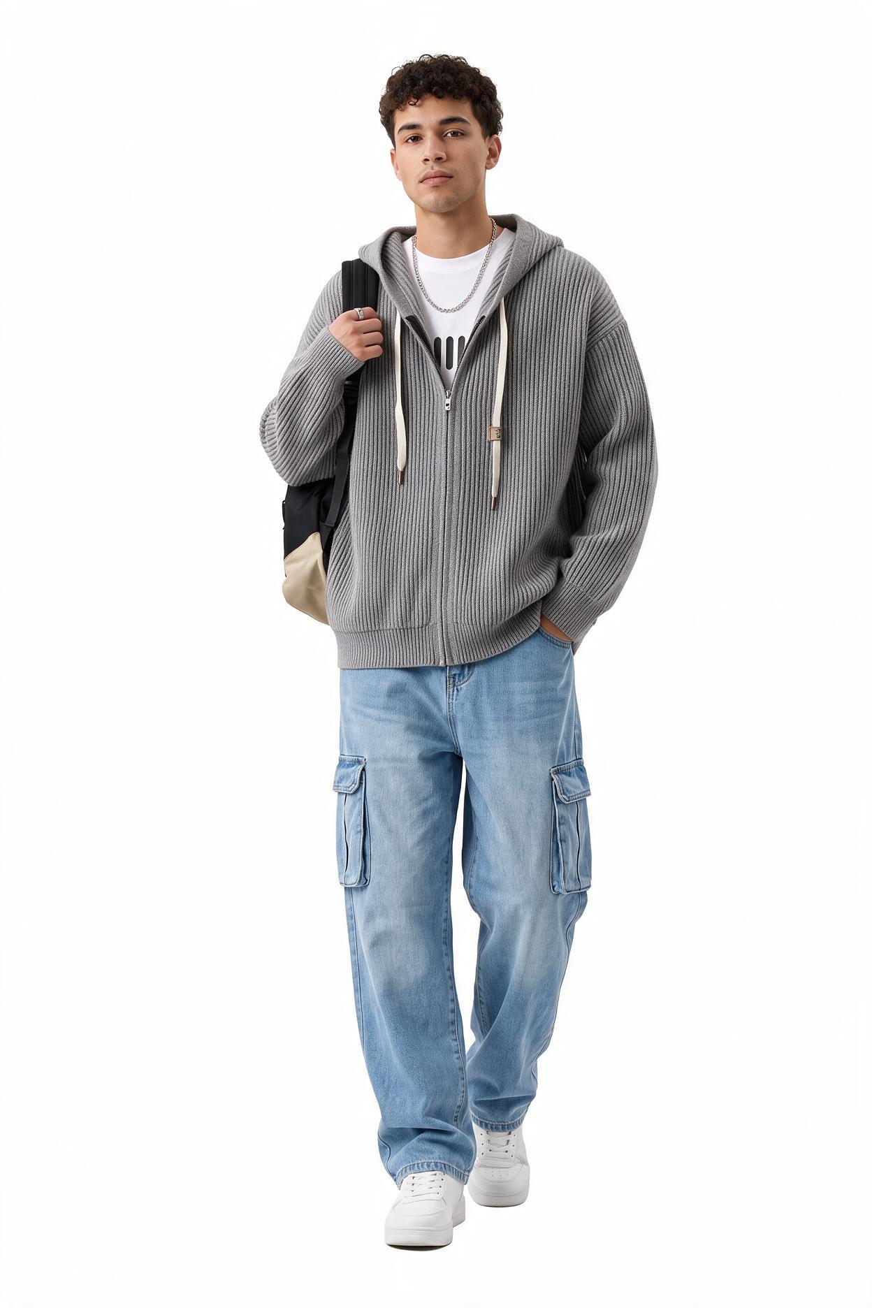 Grey Ribbed Crew Neck Sweater