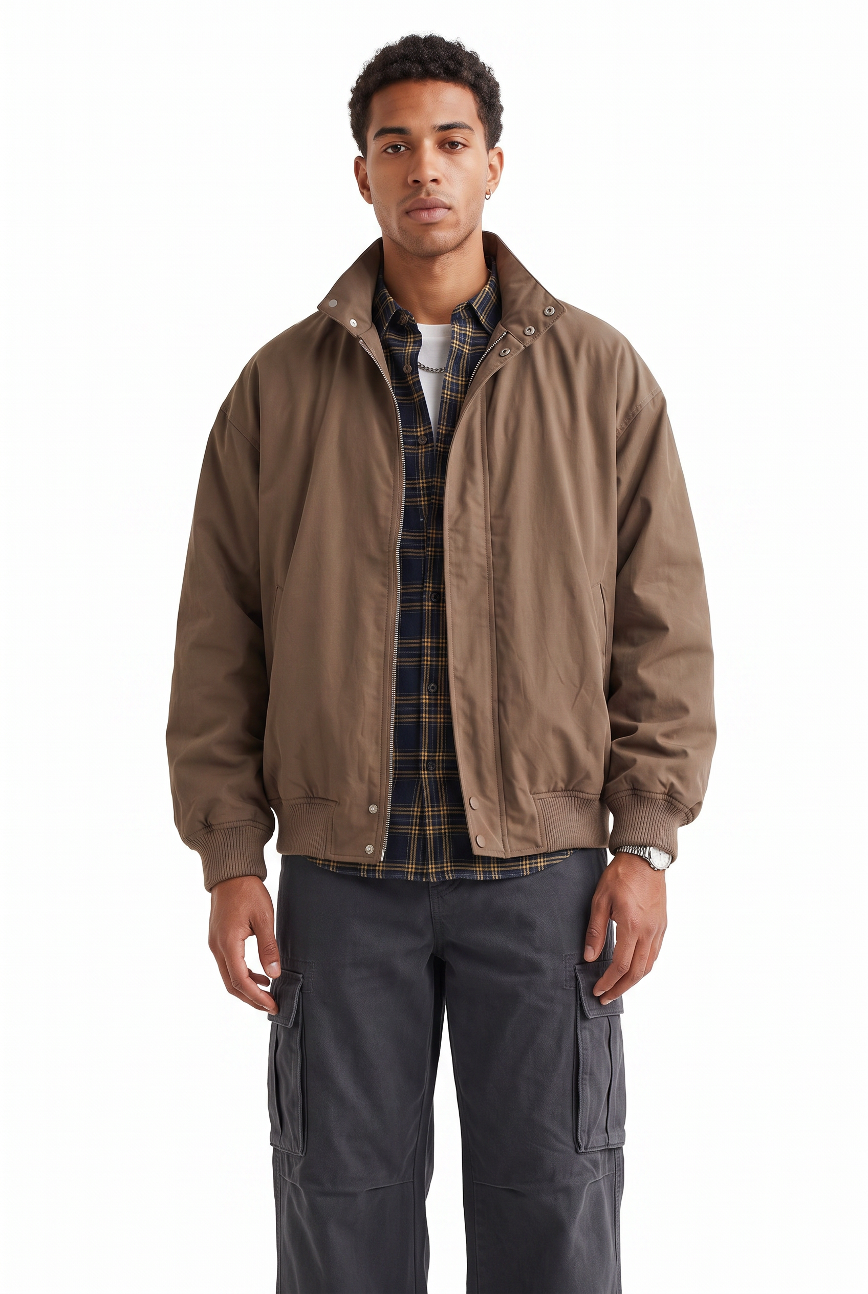 Brown Zip Mandarin Collar Jacket