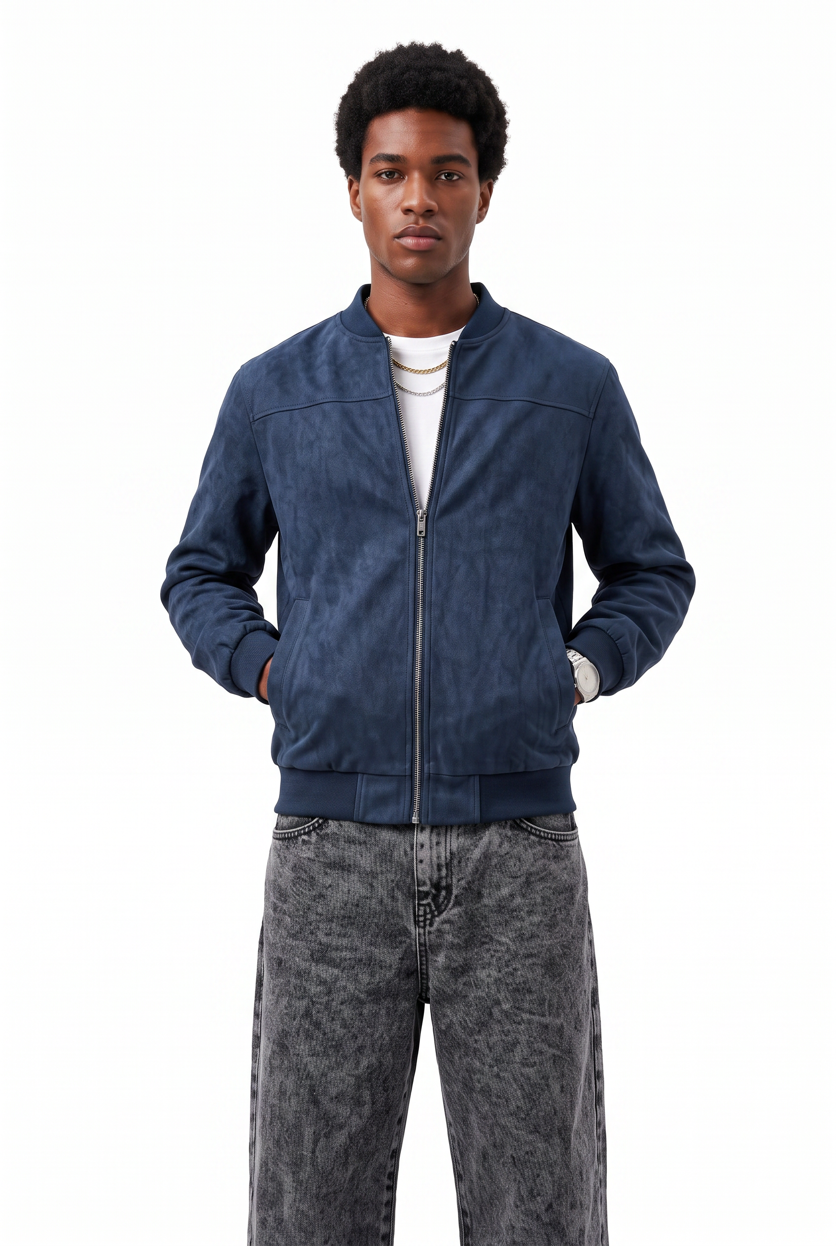 Navy Zip Mandarin Collar Jacket