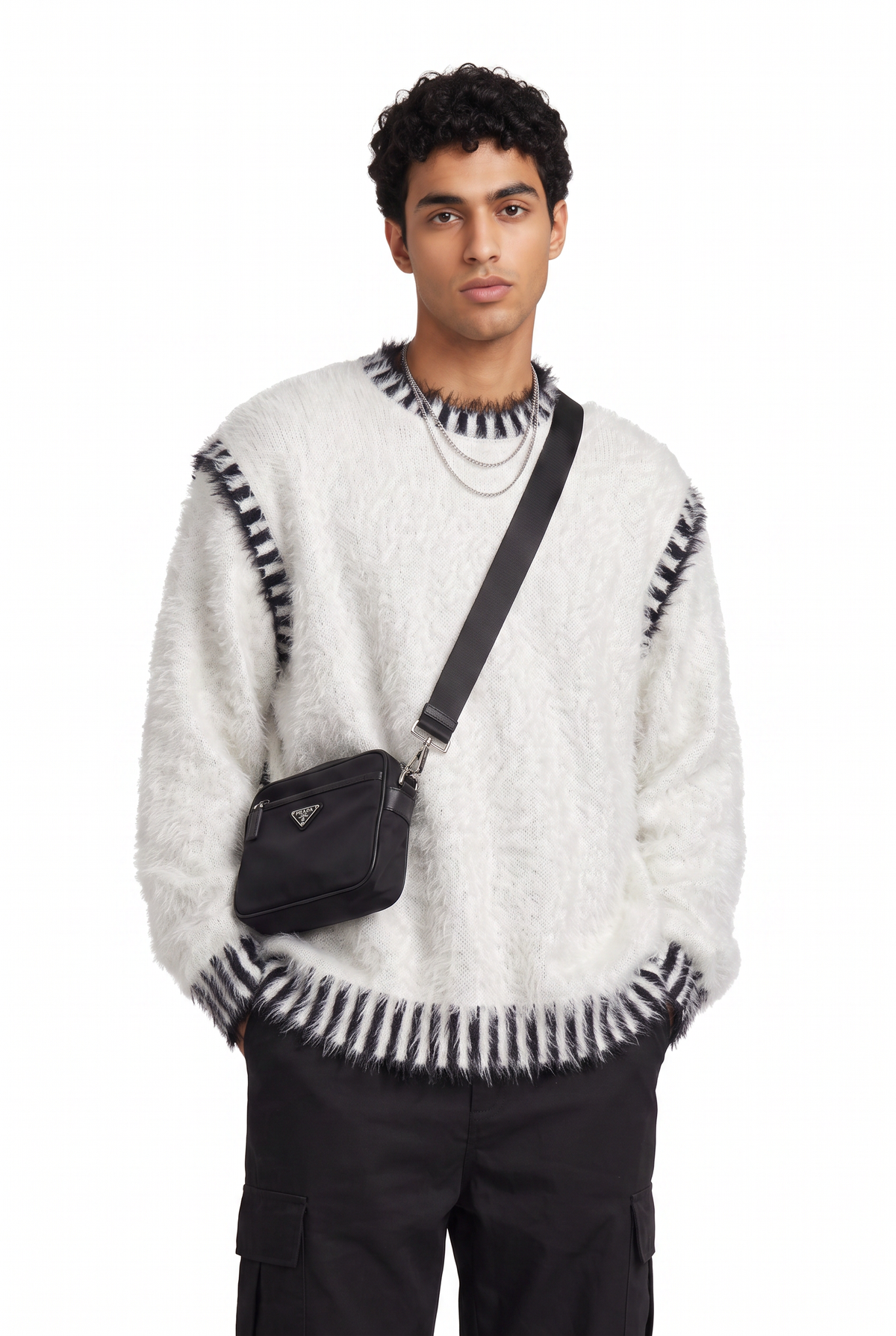 Textured White Striped Trim Sweater