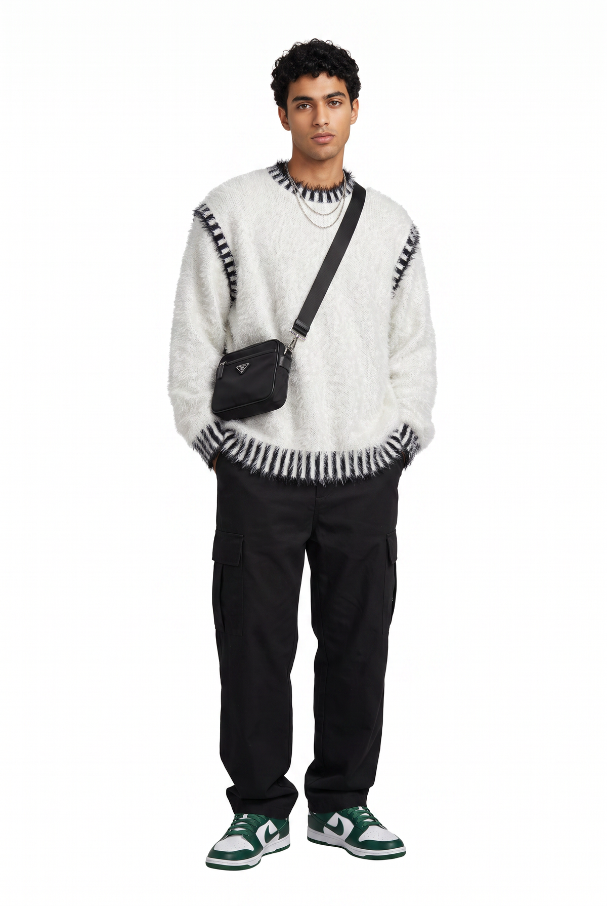 Textured White Striped Trim Sweater