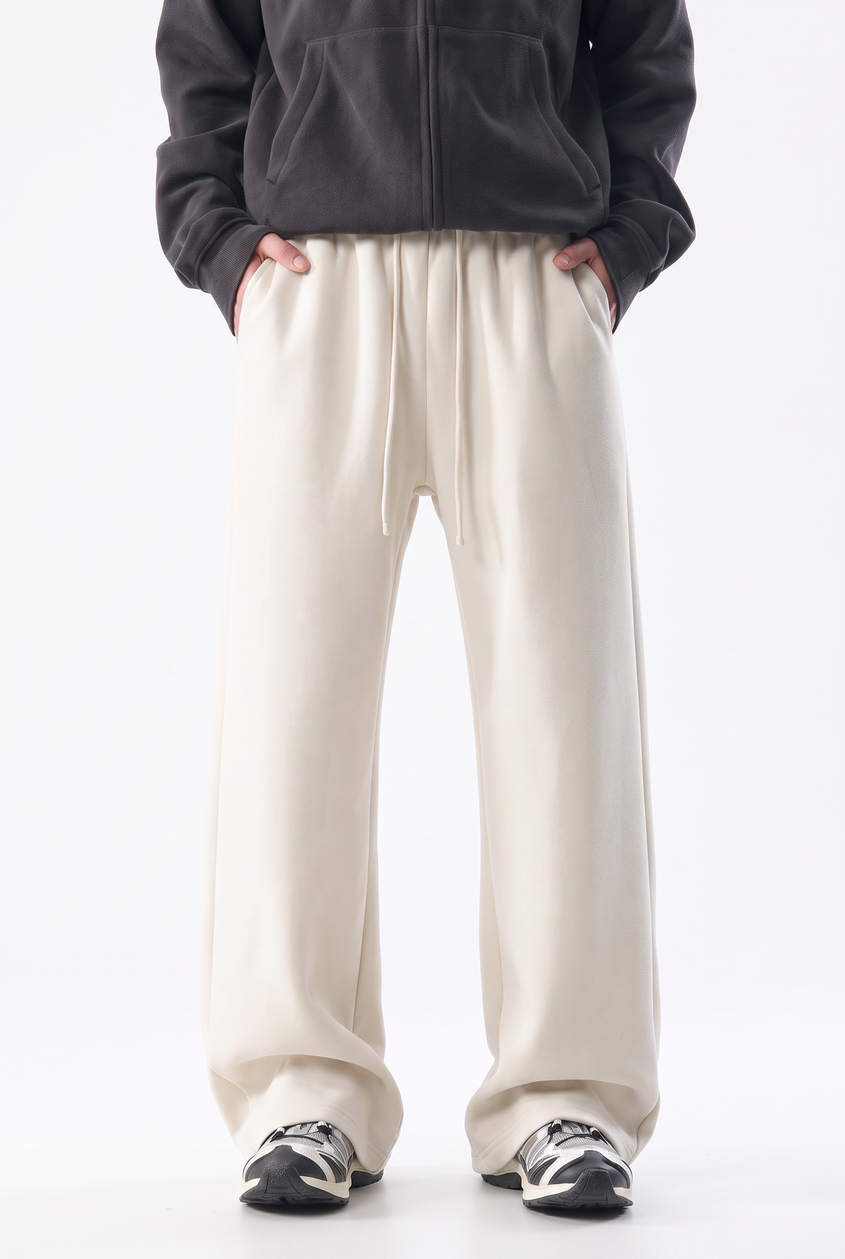Cream Drawstring Straight Casual Trousers