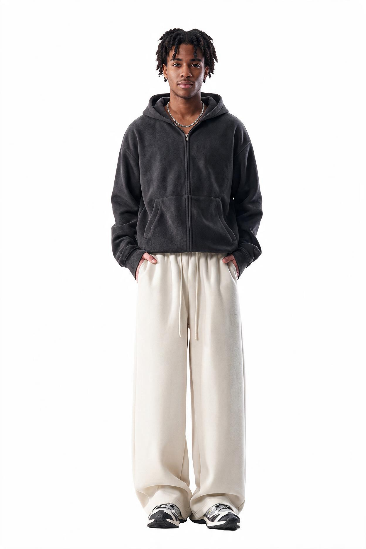 Cream Drawstring Straight Casual Trousers
